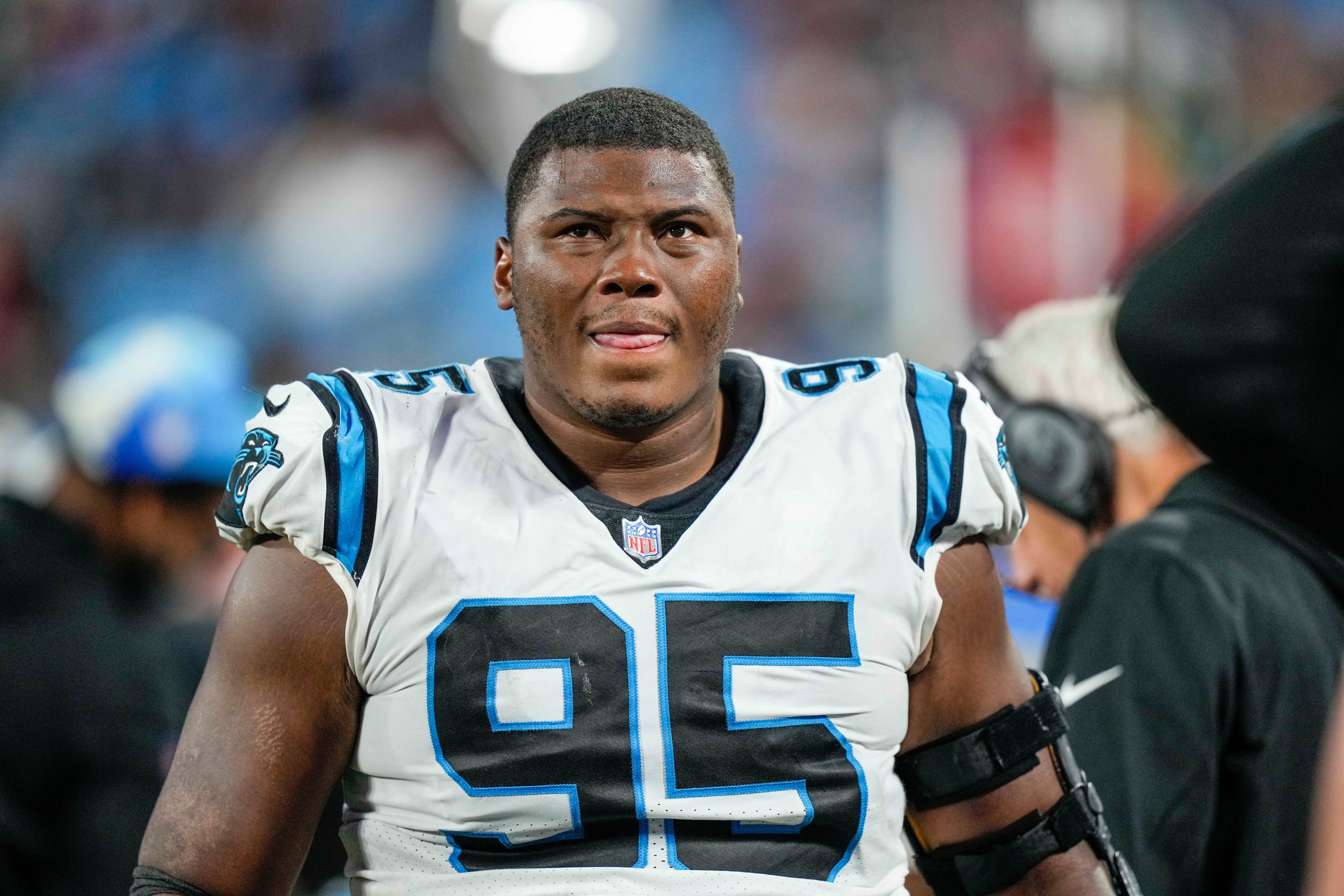 Oct 9, 2022; Charlotte, North Carolina, USA; Carolina Panthers defensive tackle Derrick Brown (95) reacts to the final seconds of the game against the San Francisco 49ers at Bank of America Stadium. Mandatory Credit: Jim Dedmon-USA TODAY Sports