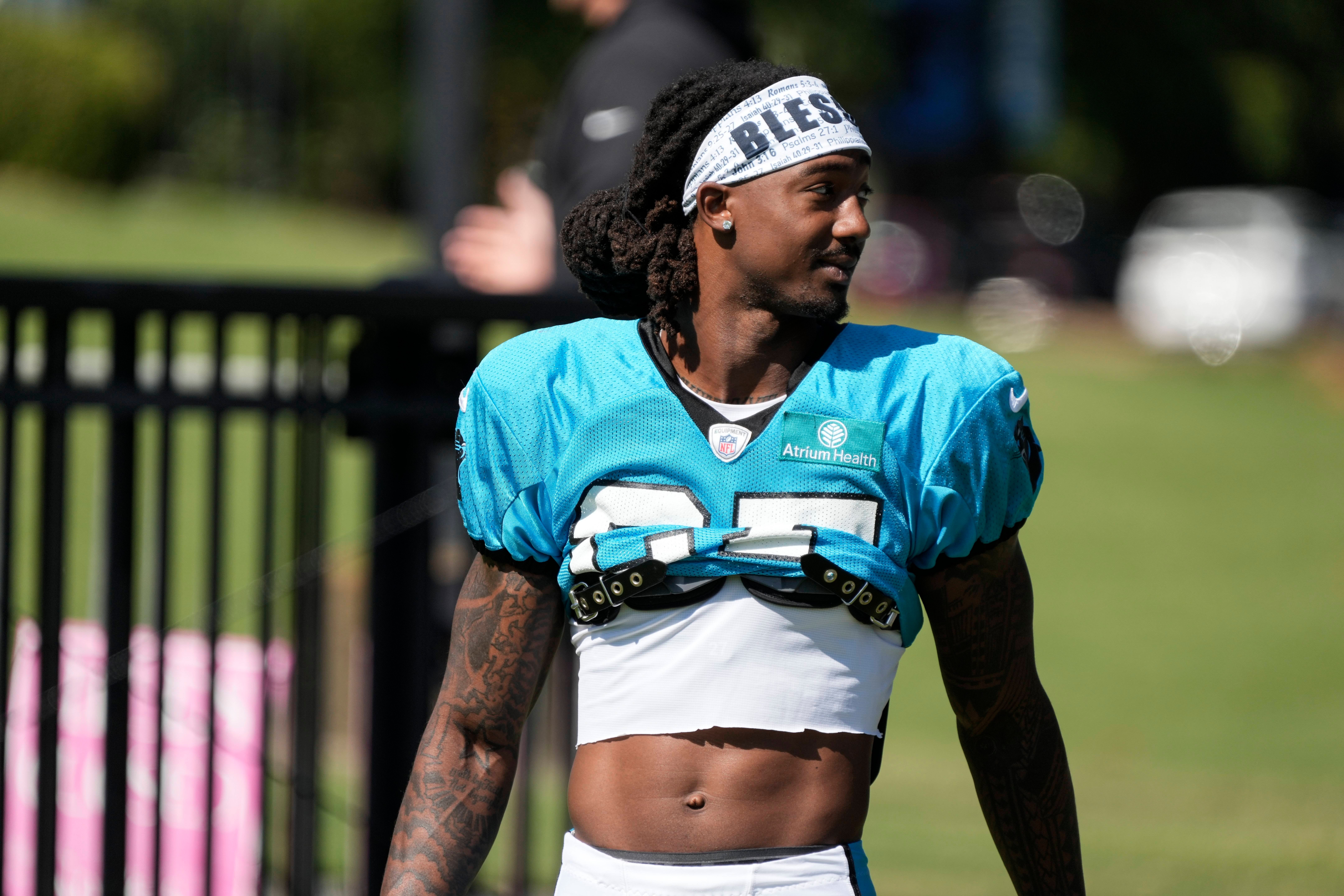 Jul 31, 2023; Spartanburg, SC, USA; Carolina Panthers safety Xavier Woods (25) walks to practice during training camp at Wofford College. Mandatory Credit: Jim Dedmon-USA TODAY Sports