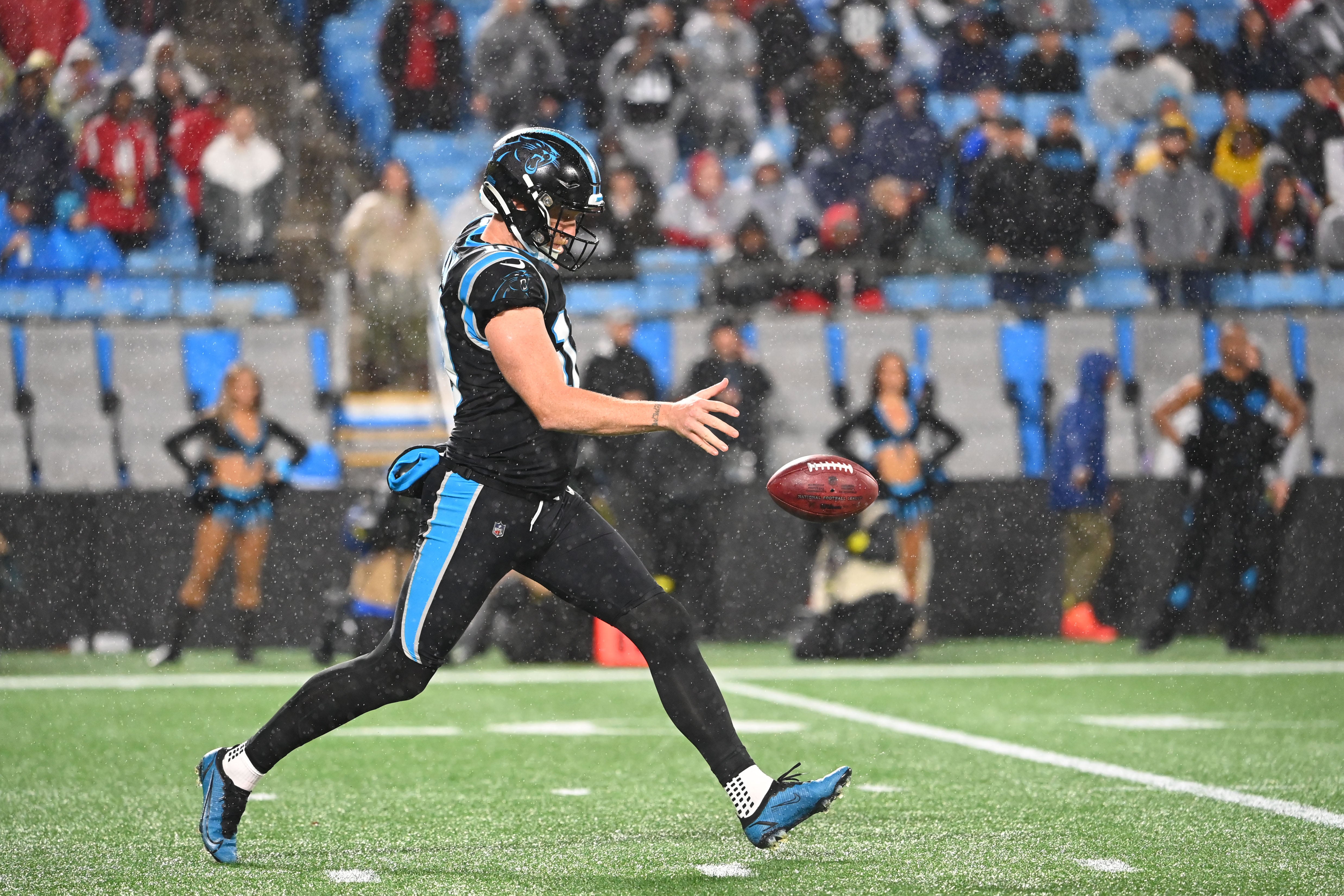 Nov 10, 2022; Charlotte, North Carolina, USA; Carolina Panthers punter Johnny Hekker (10) punts in the third quarter at Bank of America Stadium. Mandatory Credit: Bob Donnan-USA TODAY Sports
