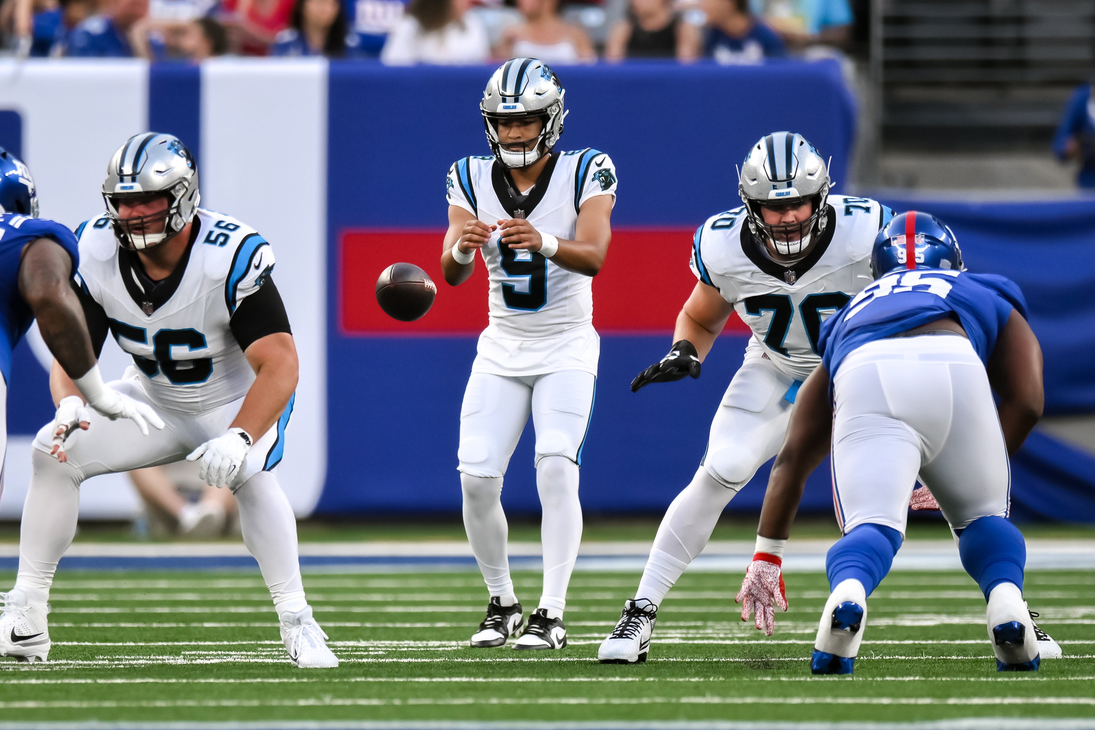 Aug 18, 2023; East Rutherford, New Jersey, USA; Carolina Panthers quarterback Bryce Young (9) takes a snap against the New York Giants during the first quarter at MetLife Stadium. Mandatory Credit: John Jones-USA TODAY Sports