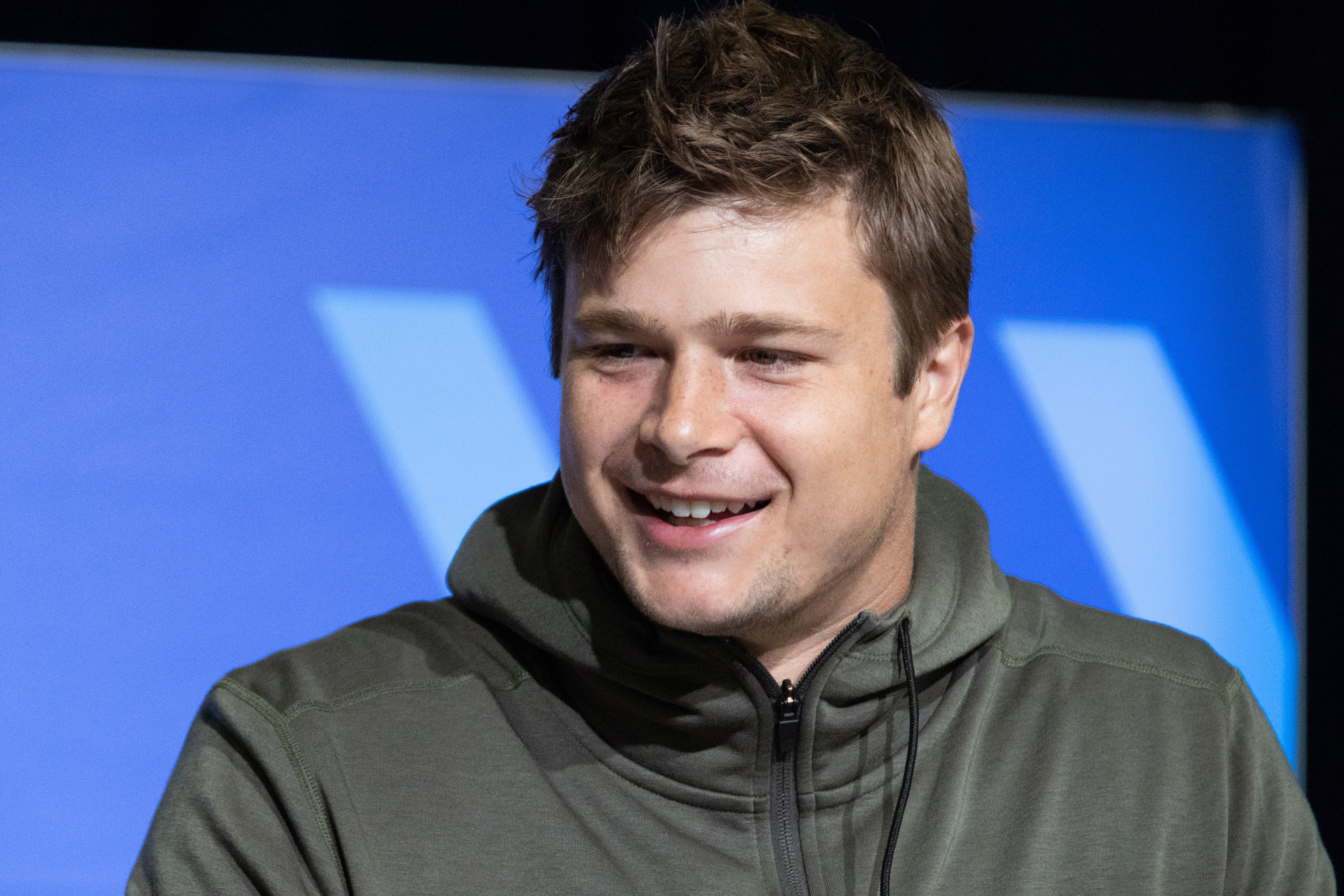 Mar 3, 2023; Indianapolis, IN, USA; Miami???Fl tight end Will Mallory (TE09) speaks to the press at the NFL Combine at Lucas Oil Stadium.