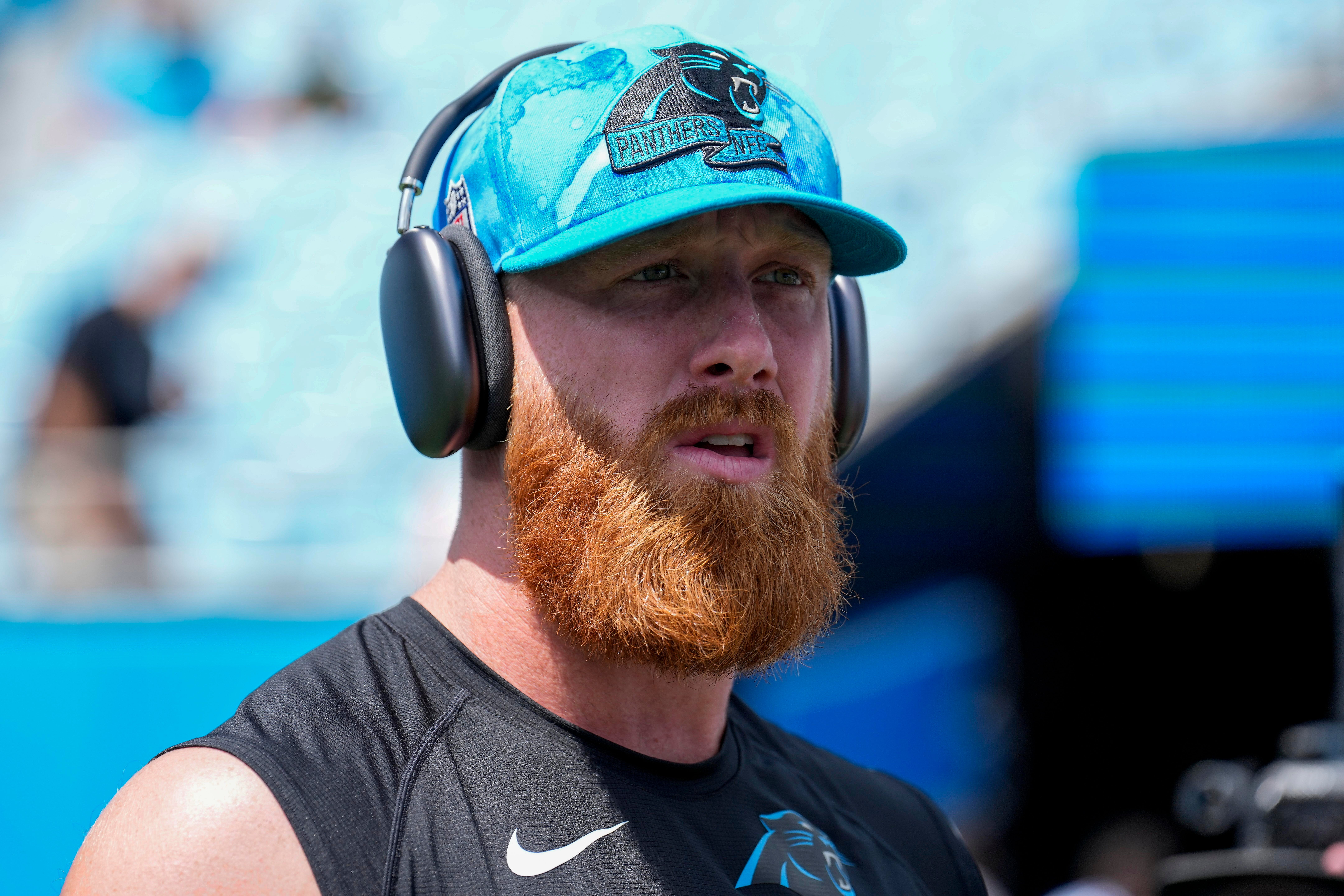 Aug 12, 2023; Charlotte, North Carolina, USA; Carolina Panthers tight end Hayden Hurst (81) during pre game warm ups against the New York Jets at Bank of America Stadium. Mandatory Credit: Jim Dedmon-USA TODAY Sports