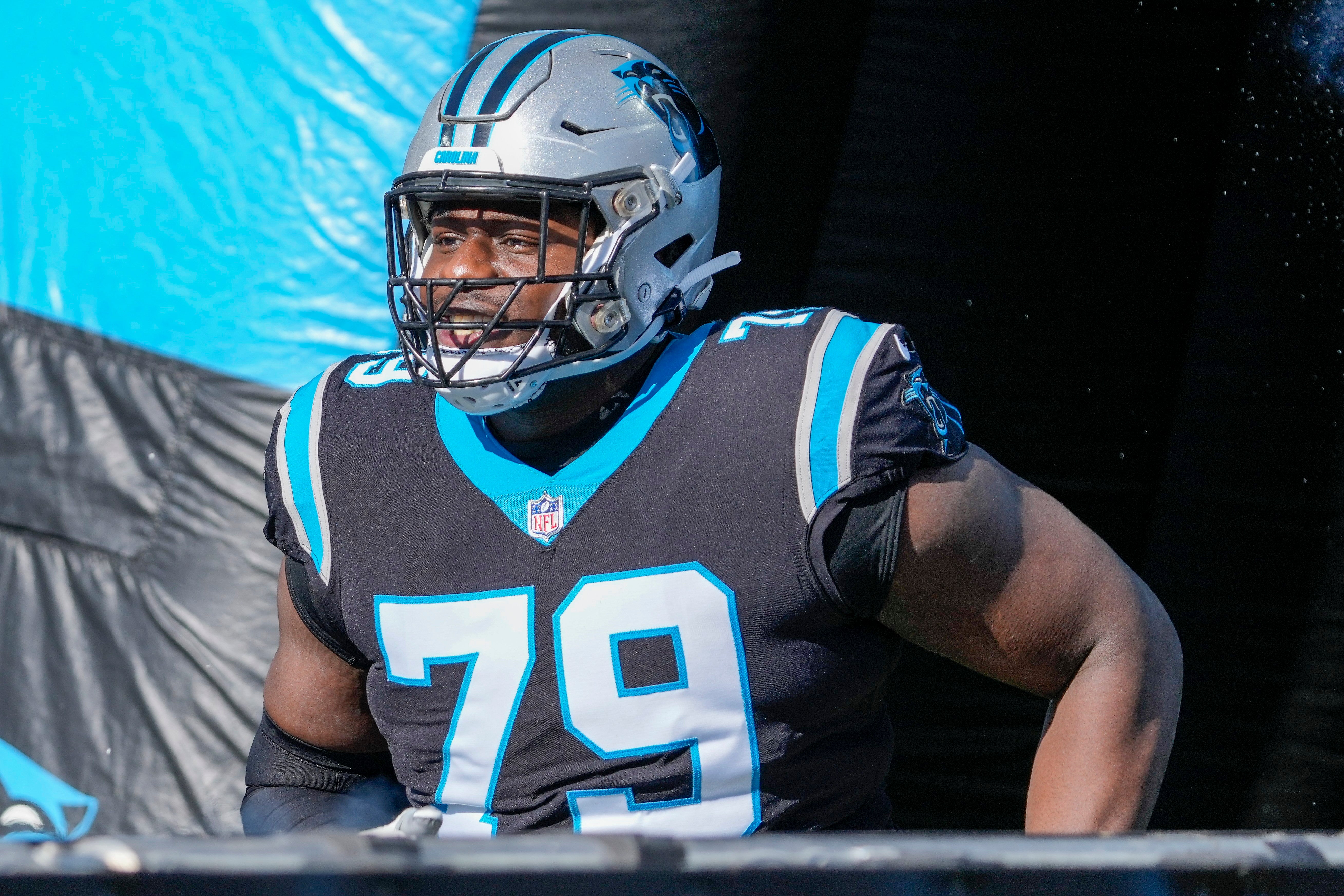 Dec 24, 2022; Charlotte, North Carolina, USA; Carolina Panthers offensive tackle Ikem Ekwonu (79) takes the field against the Detroit Lions at Bank of America Stadium. Mandatory Credit: Jim Dedmon-USA TODAY Sports