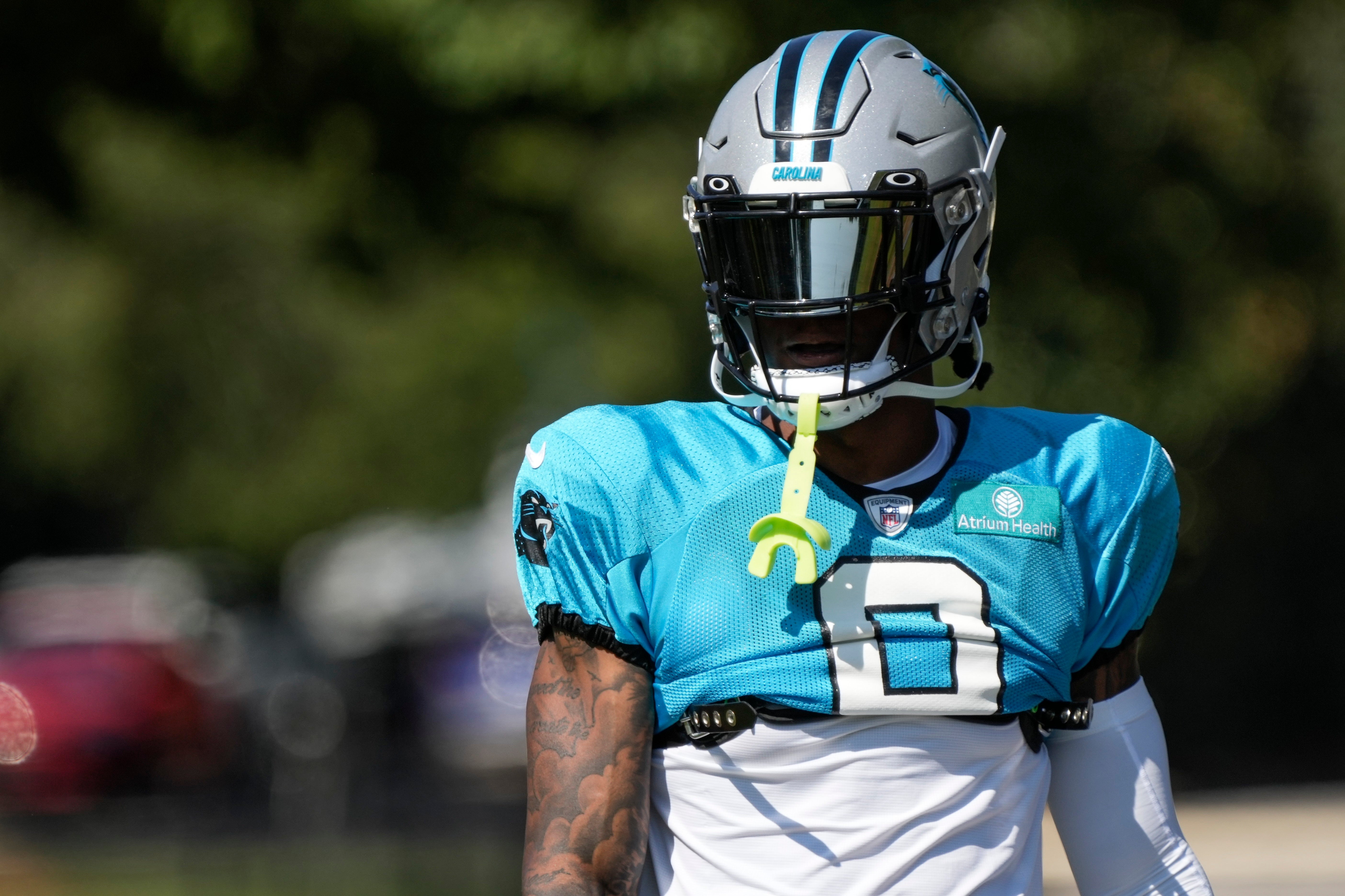 Jul 31, 2023; Spartanburg, SC, USA; Carolina Panthers cornerback Jaycee Horn (8) heads to the practice field during training camp at Wofford College. Mandatory Credit: Jim Dedmon-USA TODAY Sports