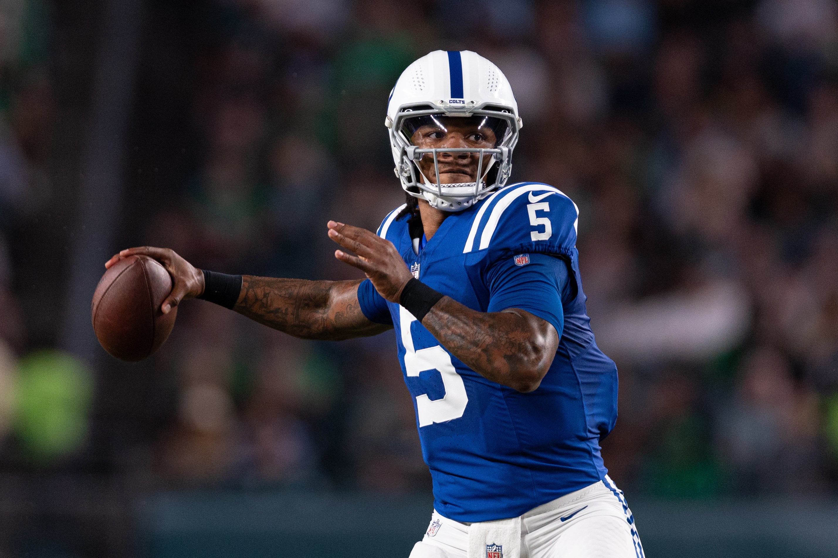 Aug 24, 2023; Philadelphia, Pennsylvania, USA; Indianapolis Colts quarterback Anthony Richardson (5) passes the ball against the Philadelphia Eagles during the second quarter at Lincoln Financial Field. 