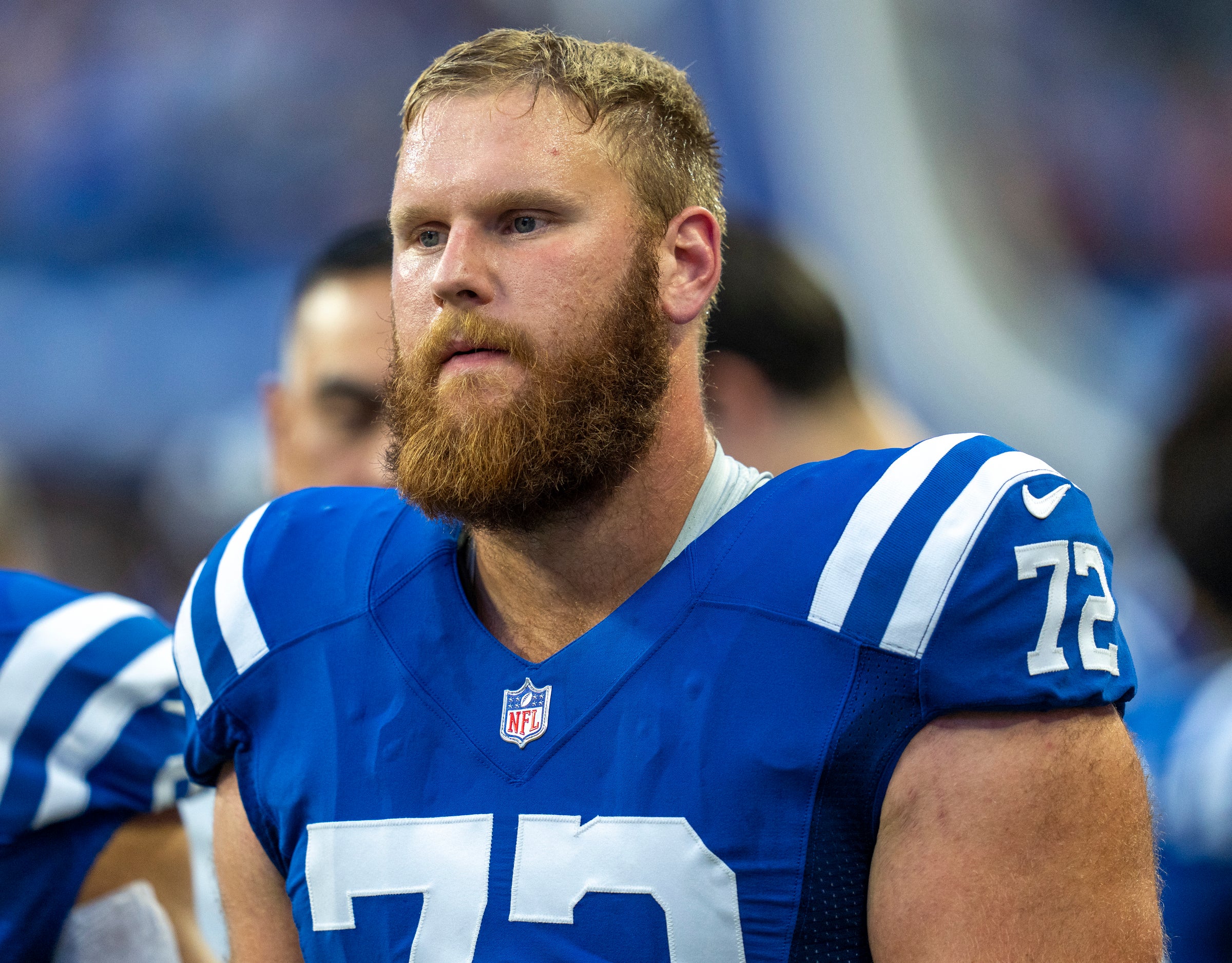 Aug 27, 2022; Indianapolis, Indiana, USA; Indianapolis Colts offensive tackle Braden Smith (72) looks on during a preseason game against the Tampa Bay Buccaneers at Lucas Oil Stadium.