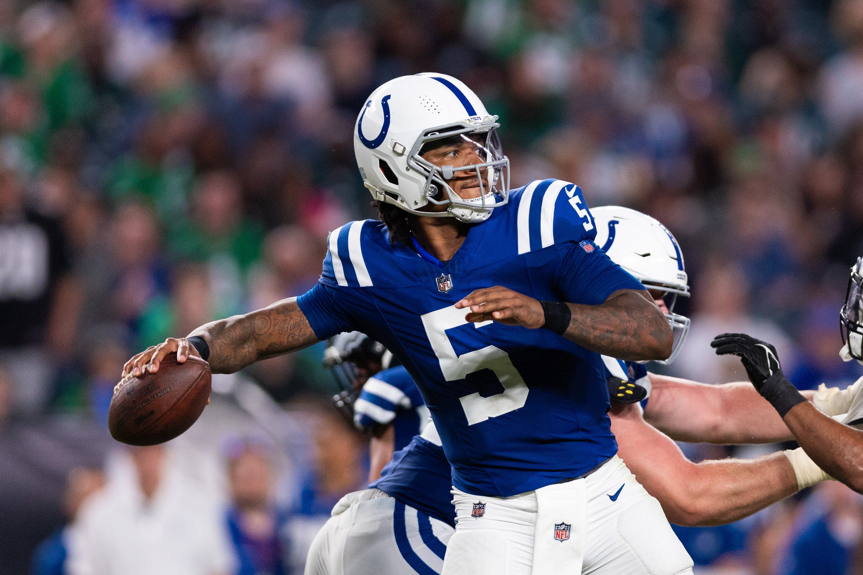 Aug 24, 2023; Philadelphia, Pennsylvania, USA; Indianapolis Colts quarterback Anthony Richardson (5) in action against the Philadelphia Eagles at Lincoln Financial Field.