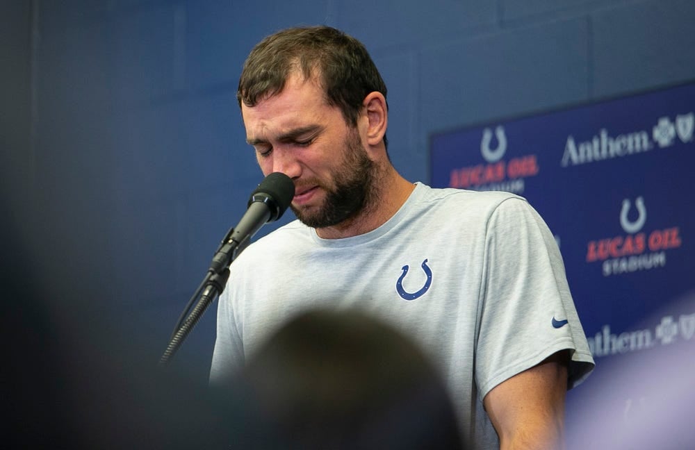 Indianapolis Colts quarterback Andrew Luck (12) breaks down into tears during a press conference announcing his retirement after the preseason game against the Chicago Bears at Lucas Oil Stadium, Saturday, August 24, 2019, Indianapolis. Preseason Colts Vs Bears