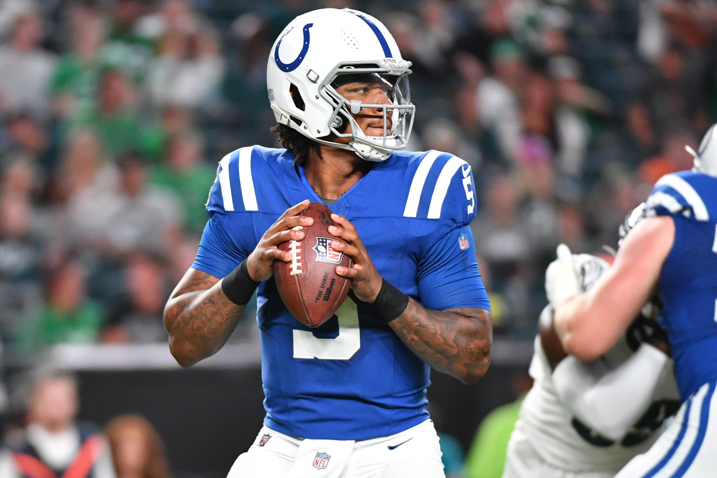 Aug 24, 2023; Philadelphia, Pennsylvania, USA; Indianapolis Colts quarterback Anthony Richardson (5) looks for a receiver against the Philadelphia Eagles during the first quarter at Lincoln Financial Field.