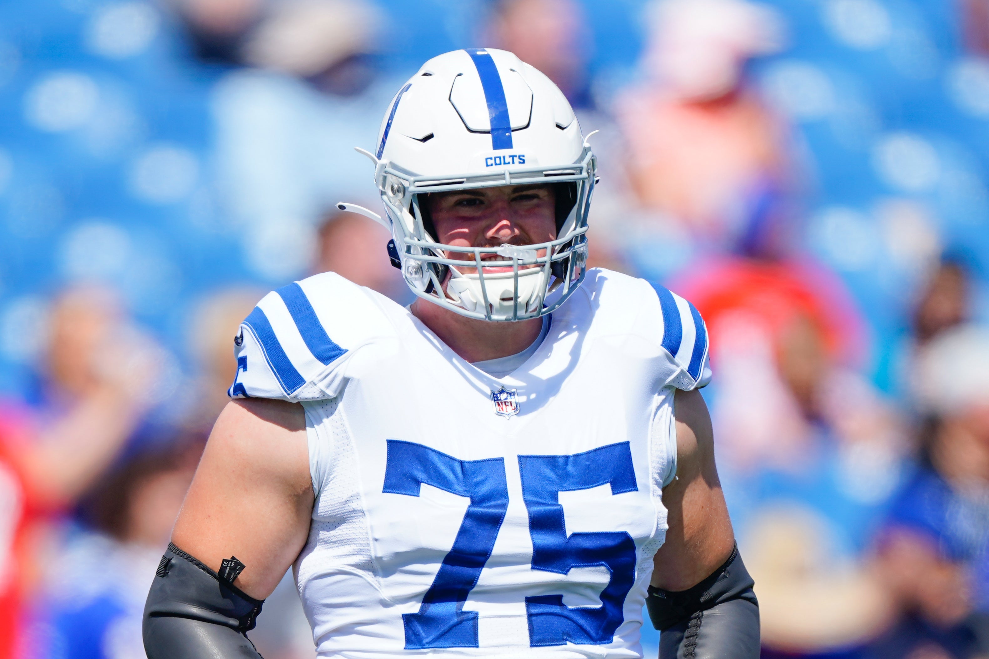 Aug 13, 2022; Orchard Park, New York, USA; Indianapolis Colts guard Will Fries (75) prior to the game against the Buffalo Bills at Highmark Stadium.