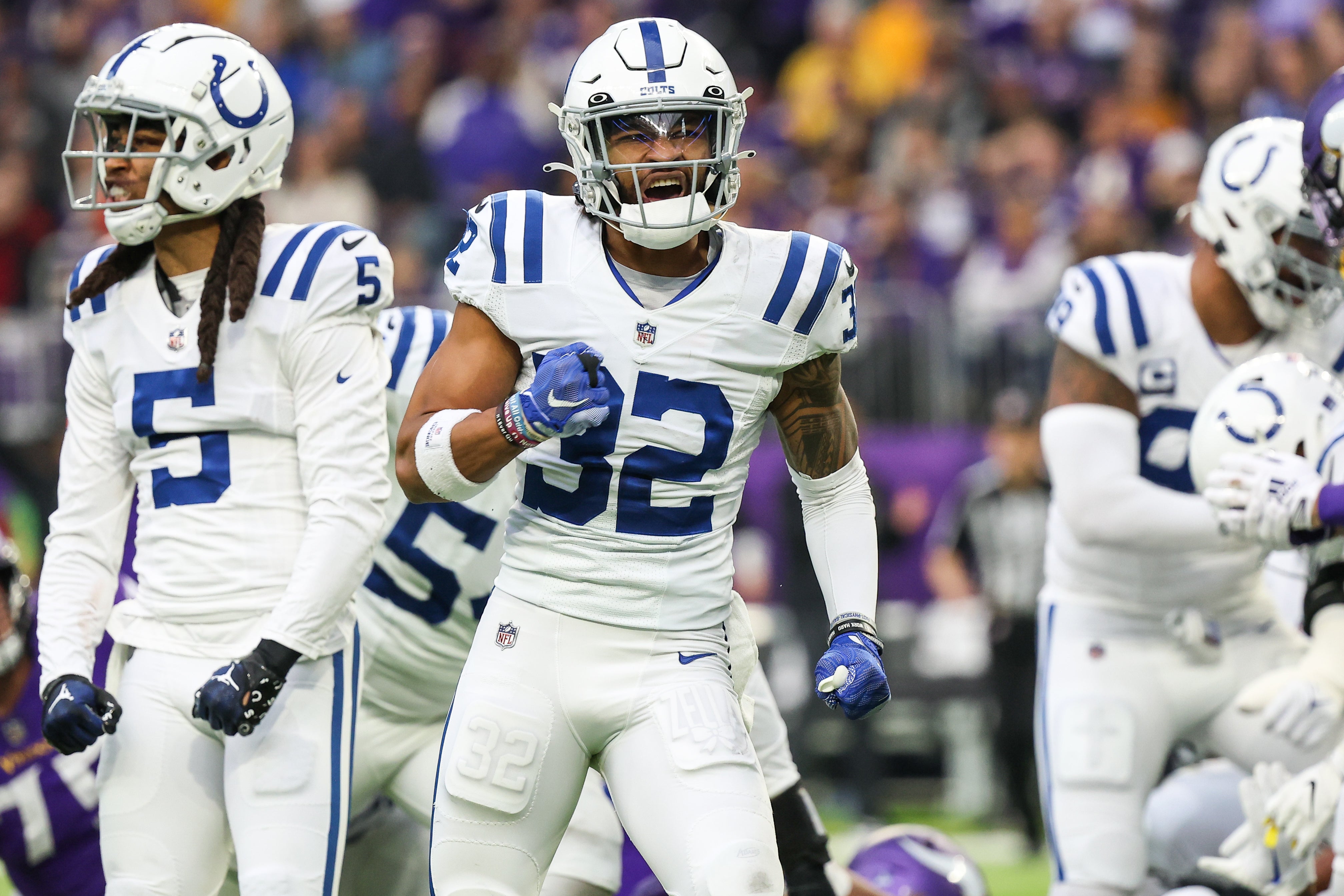 Dec 17, 2022; Minneapolis, Minnesota, USA; Indianapolis Colts safety Julian Blackmon (32) reacts to a fourth down stop during the first quarter against the Minnesota Vikings at U.S. Bank Stadium.
