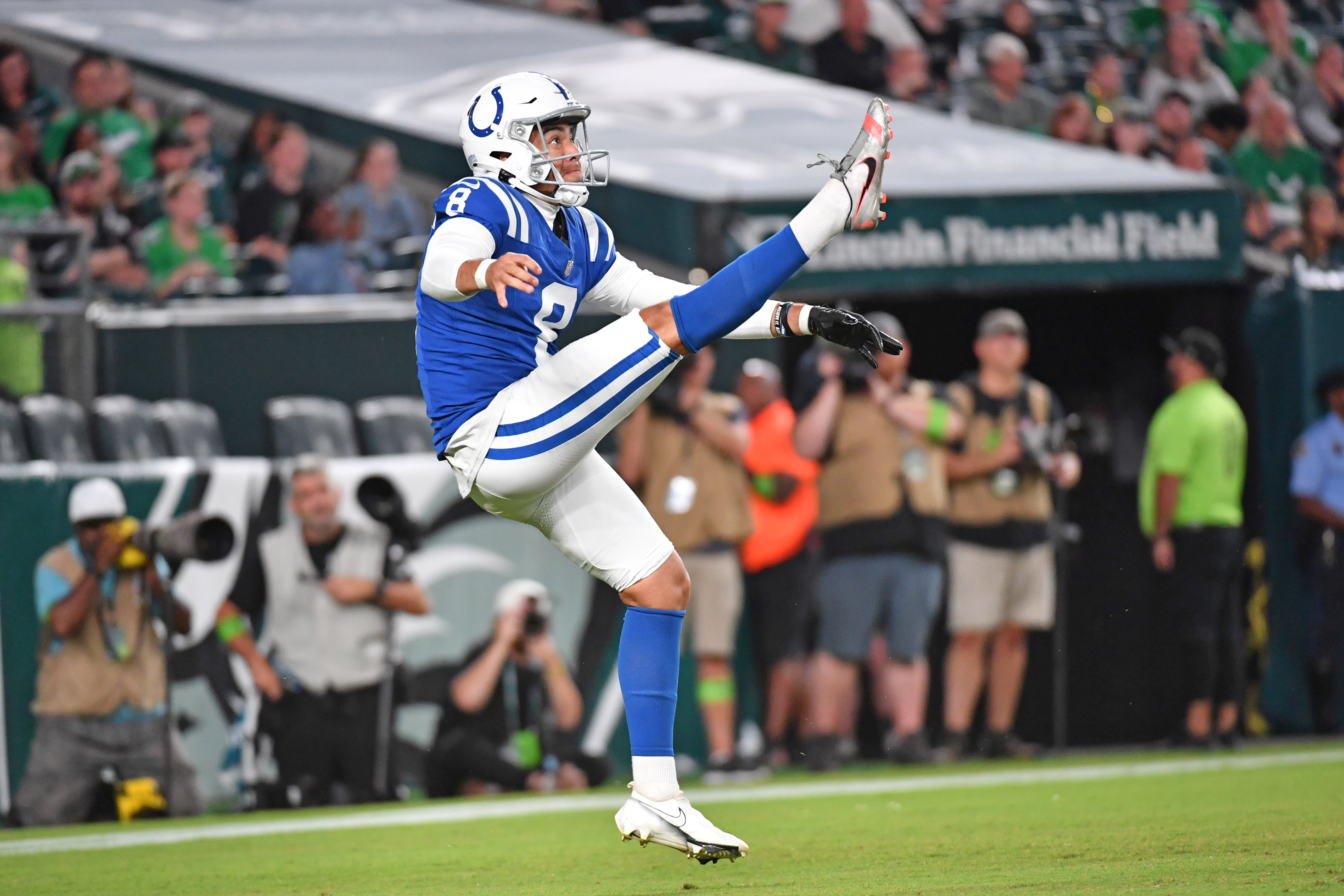 Aug 24, 2023; Philadelphia, Pennsylvania, USA; Indianapolis Colts punter Rigoberto Sanchez (8) against the Philadelphia Eagles at Lincoln Financial Field.