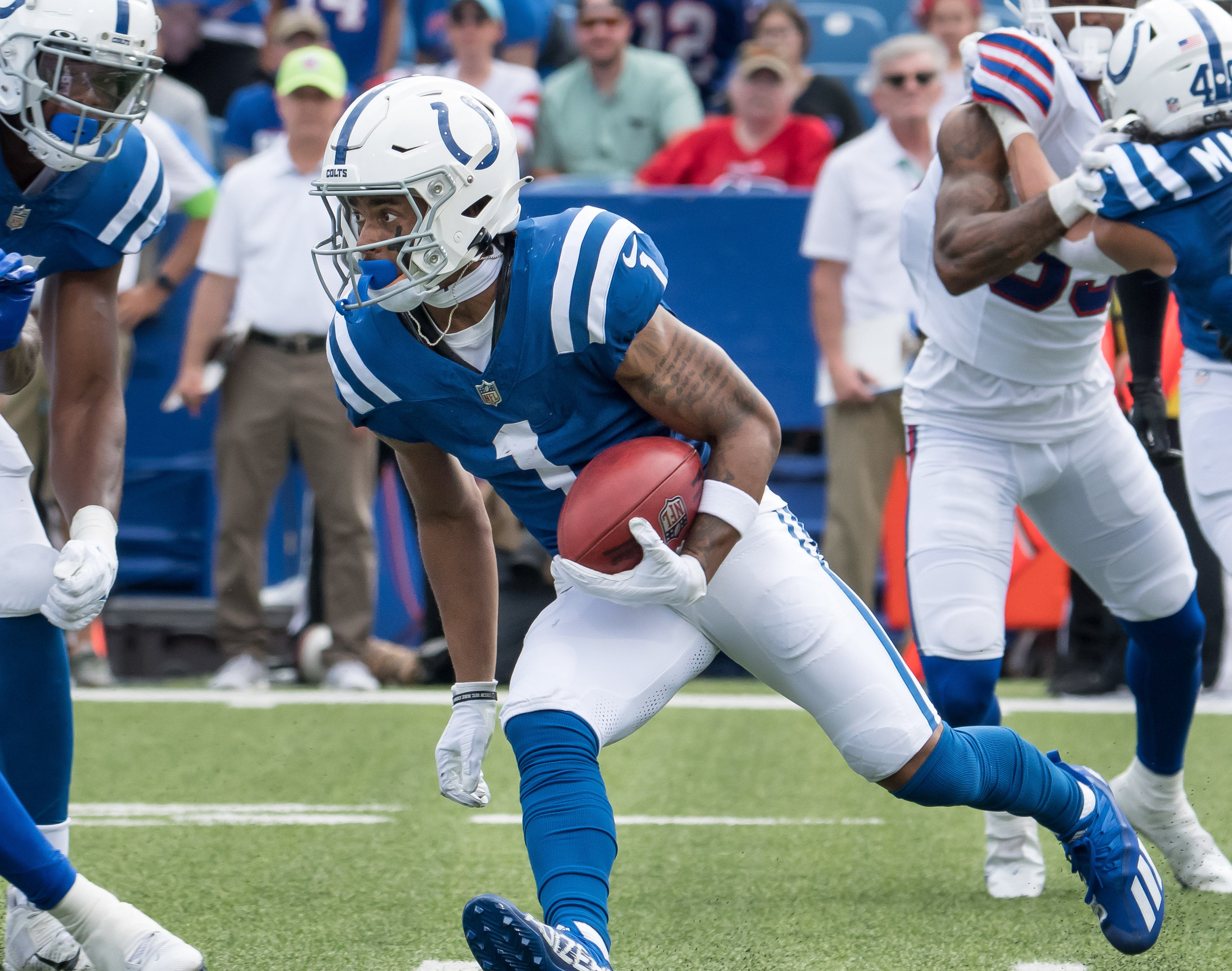 Aug 12, 2023; Orchard Park, New York, USA; Indianapolis Colts wide receiver Josh Downs (1) returns a kickoff in the fourth quarter of a pre-season game against the Buffalo Bills at Highmark Stadium.