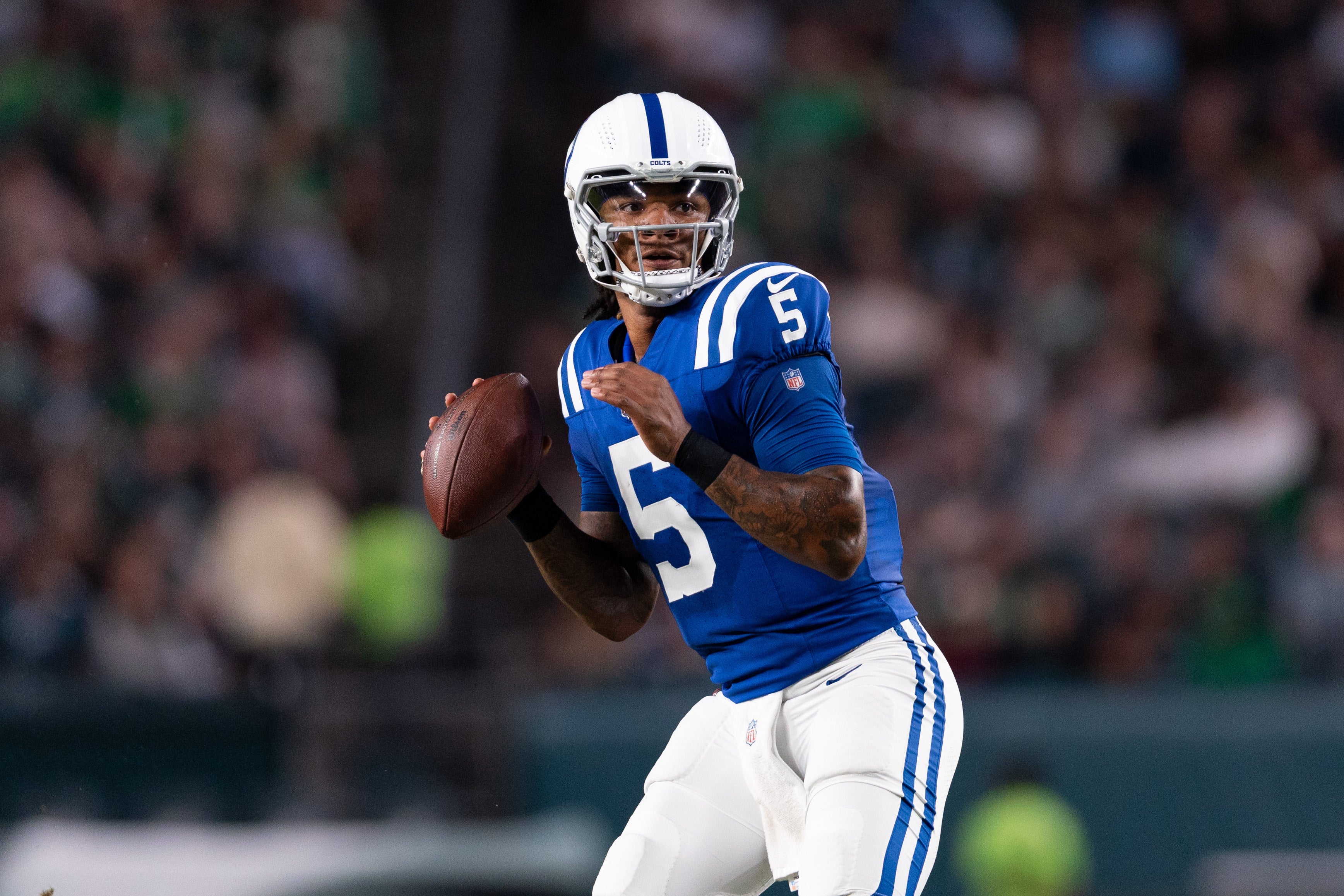 Aug 24, 2023; Philadelphia, Pennsylvania, USA; Indianapolis Colts quarterback Anthony Richardson (5) in action against the Philadelphia Eagles at Lincoln Financial Field.