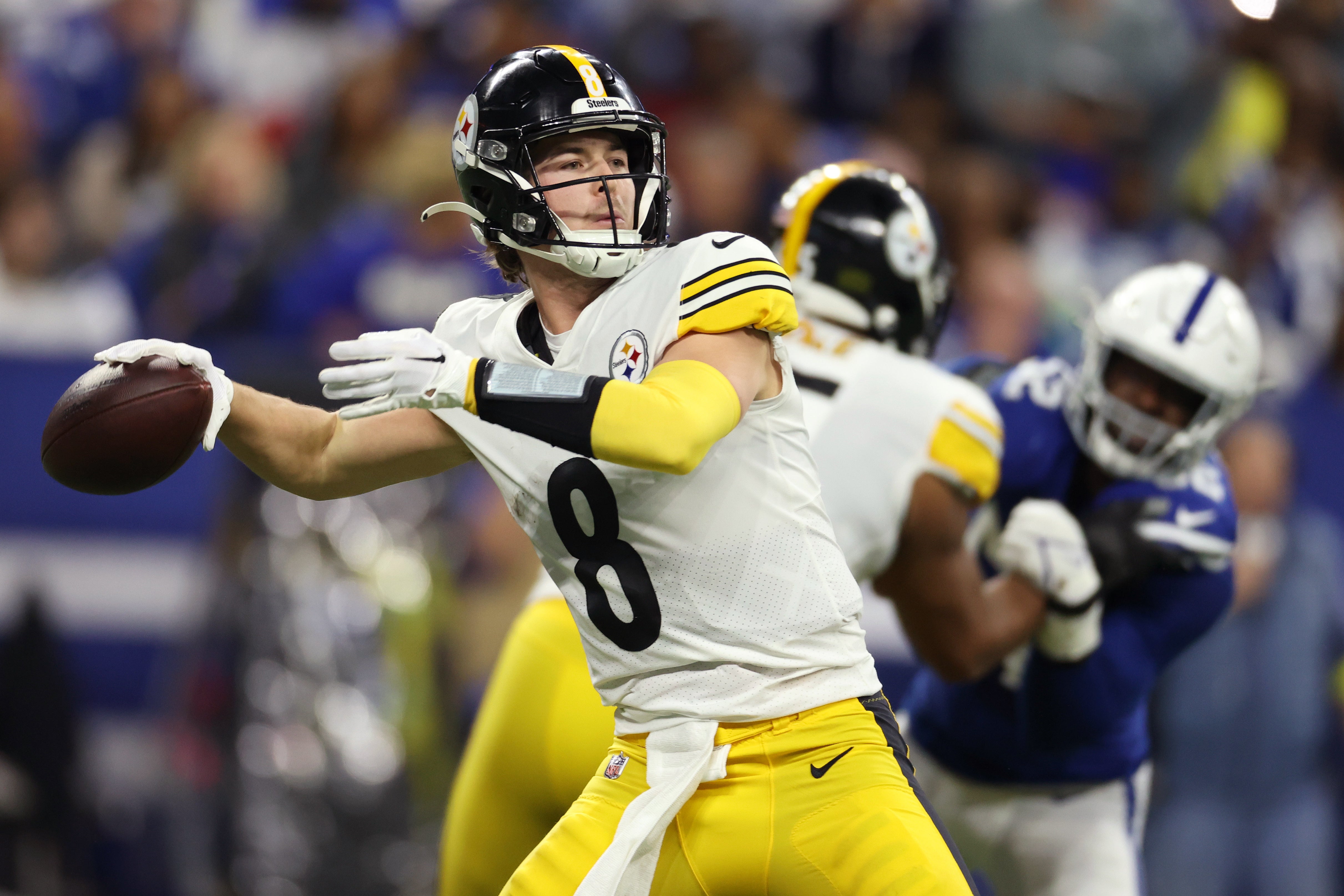 Nov 28, 2022; Indianapolis, Indiana, USA; Pittsburgh Steelers quarterback Kenny Pickett (8) throws a pass during the first half against the Indianapolis Colts at Lucas Oil Stadium.