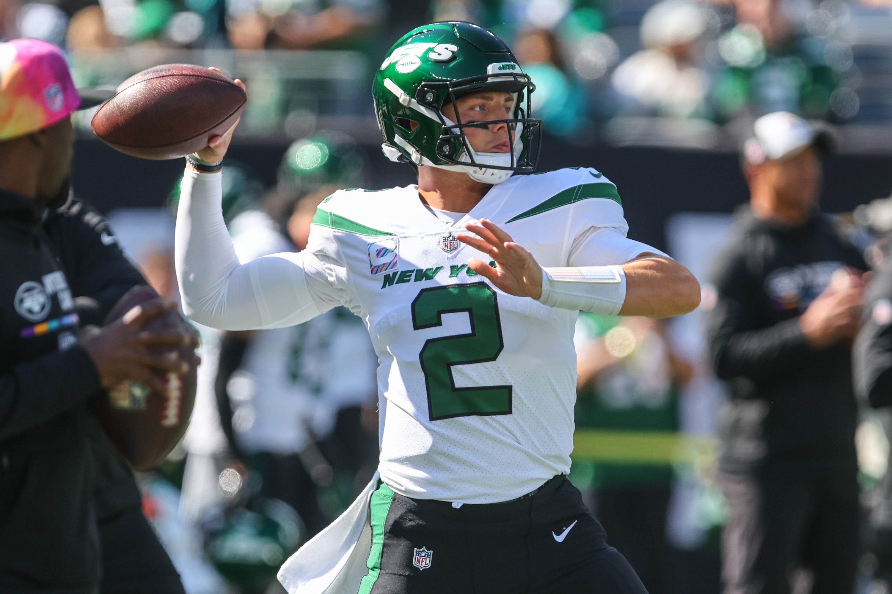 Oct 9, 2022; East Rutherford, New Jersey, USA; New York Jets quarterback Zach Wilson (2) throws a pass during warmups before the game against the Miami Dolphins at MetLife Stadium.