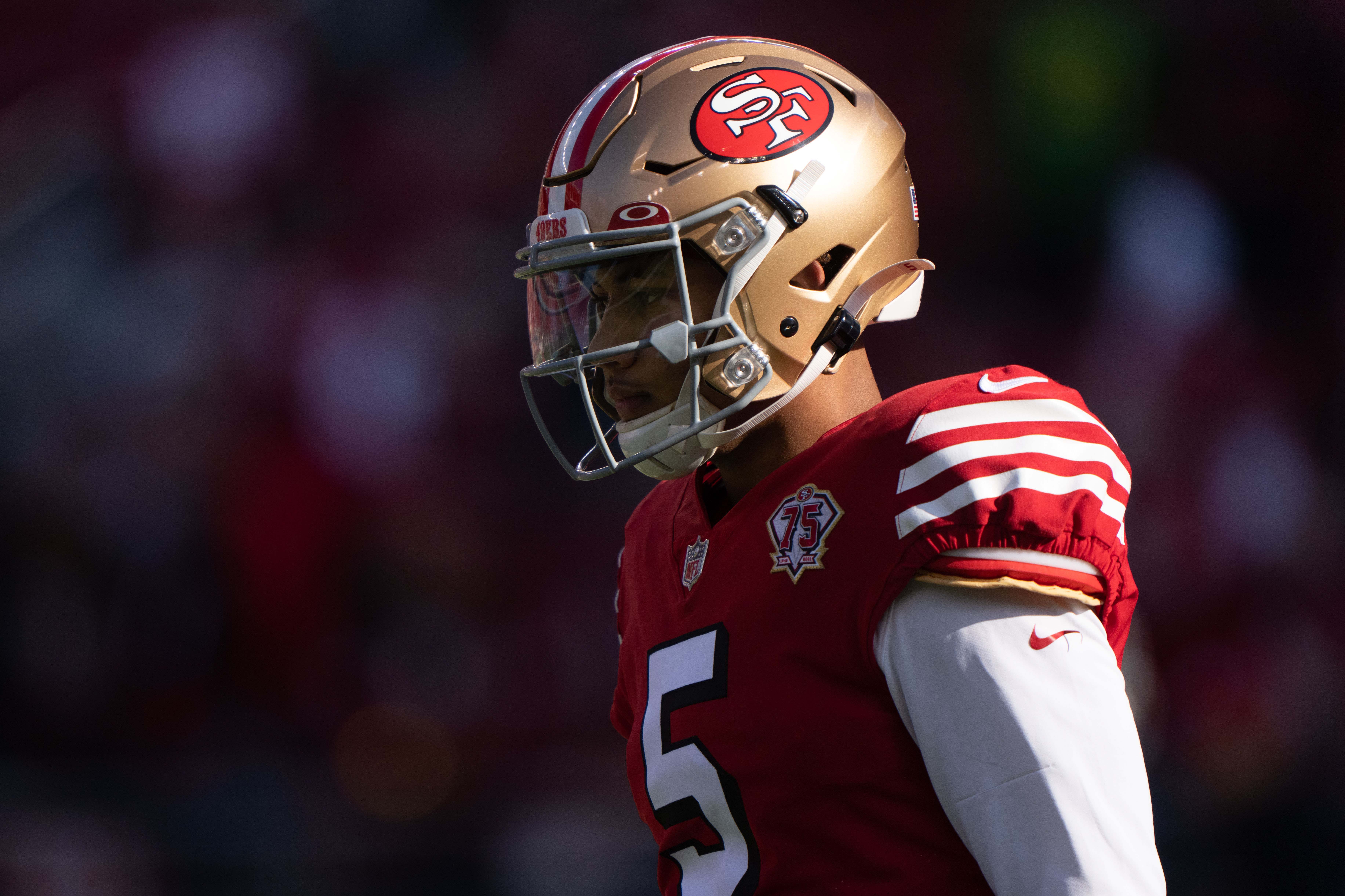 Dec 19, 2021; Santa Clara, California, USA; San Francisco 49ers quarterback Trey Lance (5) during warmups before the start of the game against the Atlanta Falcons at Levi's Stadium.