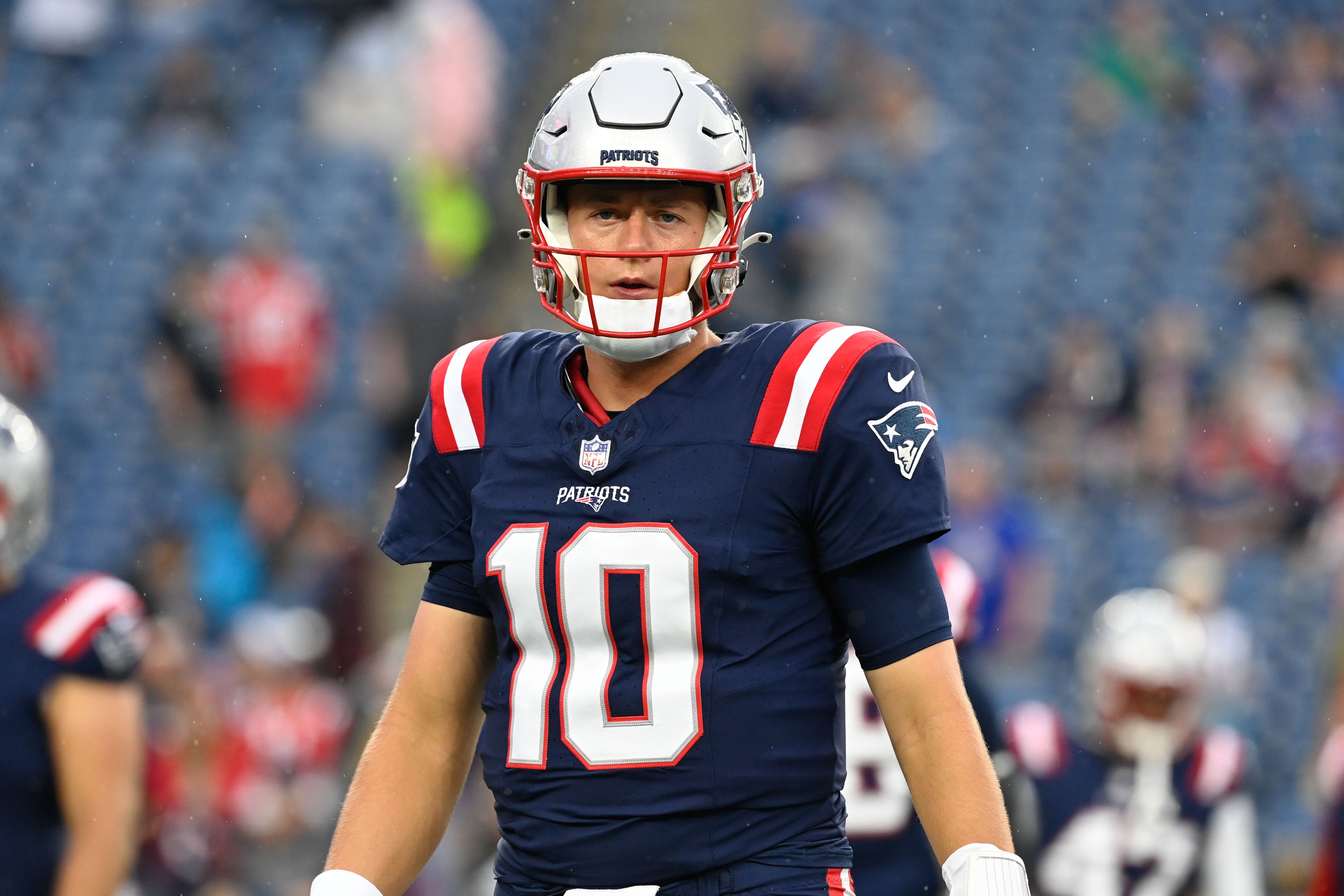 Aug 10, 2023; Foxborough, Massachusetts, USA; New England Patriots quarterback Mac Jones (10) warms up before a game against the Houston Texans at Gillette Stadium.