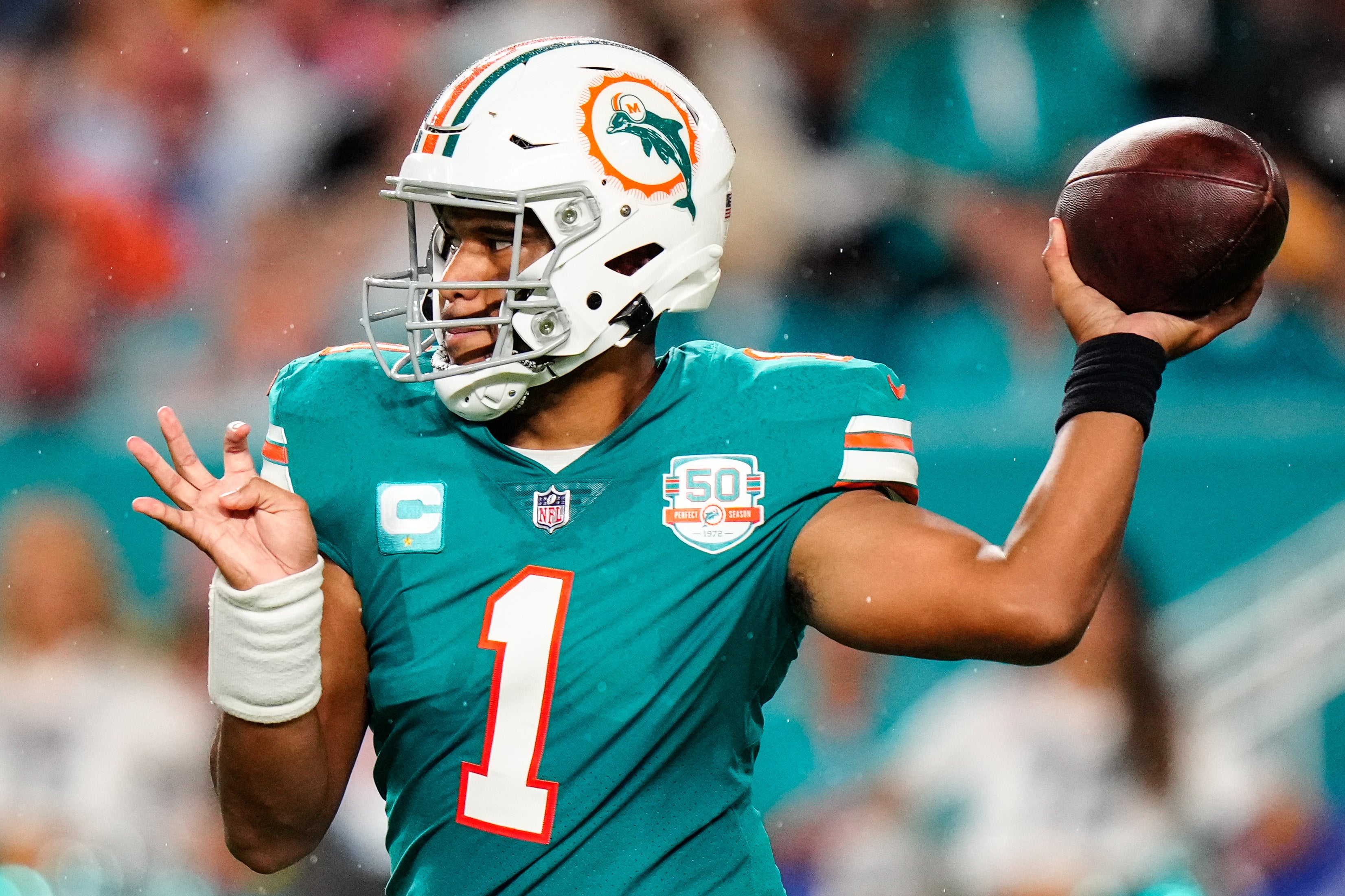 Oct 23, 2022; Miami Gardens, Florida, USA; Miami Dolphins quarterback Tua Tagovailoa (1) throws a pass against the Pittsburgh Steelers during the second half at Hard Rock Stadium.