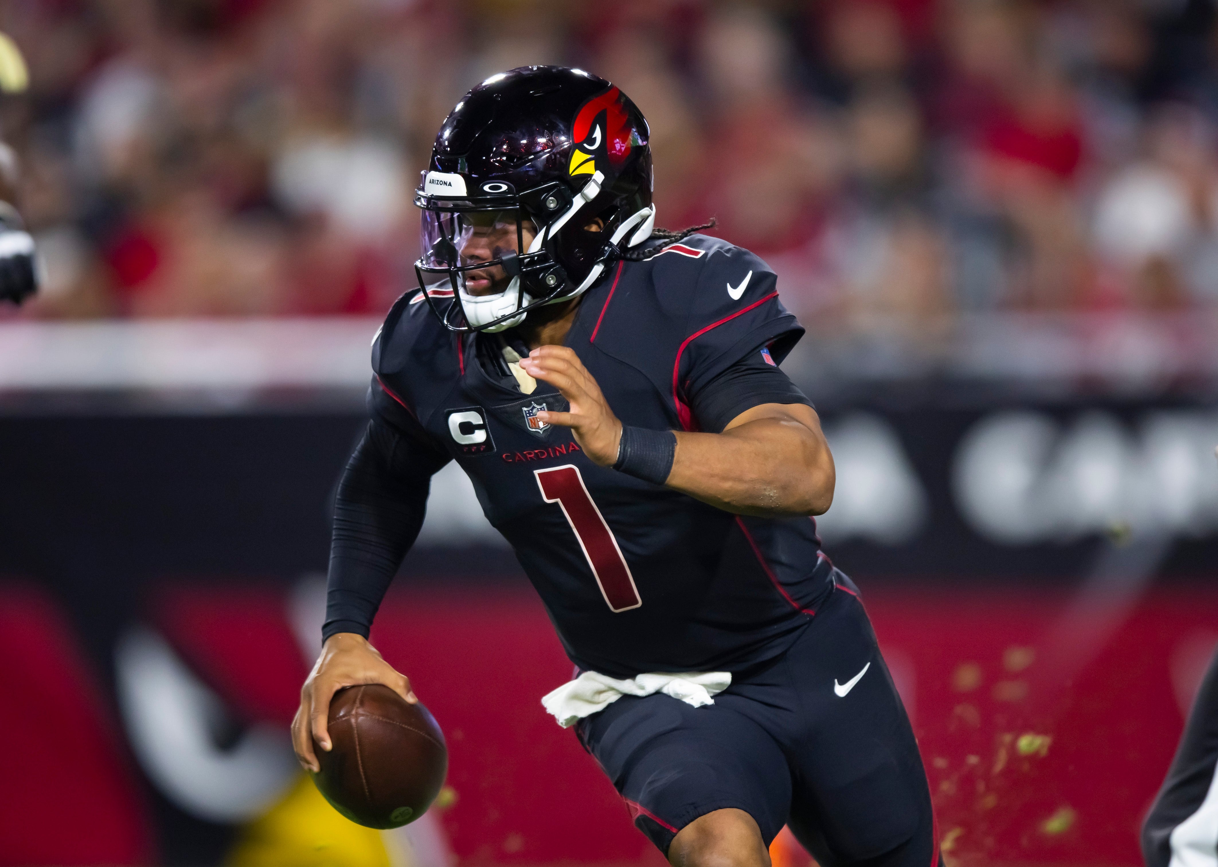 Oct 20, 2022; Glendale, Arizona, USA; Arizona Cardinals quarterback Kyler Murray (1) against the New Orleans Saints at State Farm Stadium.