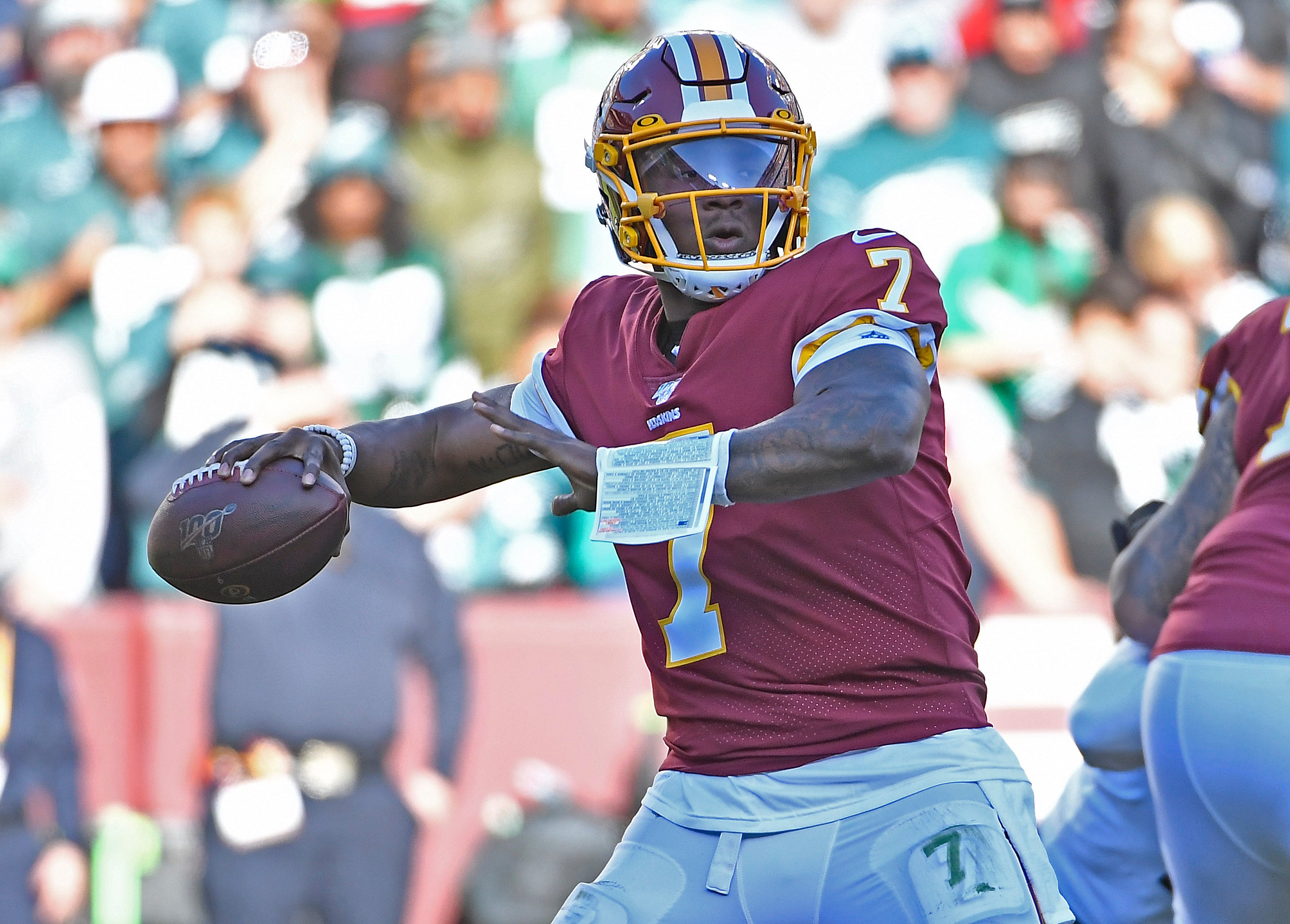 Dec 15, 2019; Landover, MD, USA; Washington Redskins quarterback Dwayne Haskins (7) attempts a pass against the Philadelphia Eagles during the first half at FedExField.