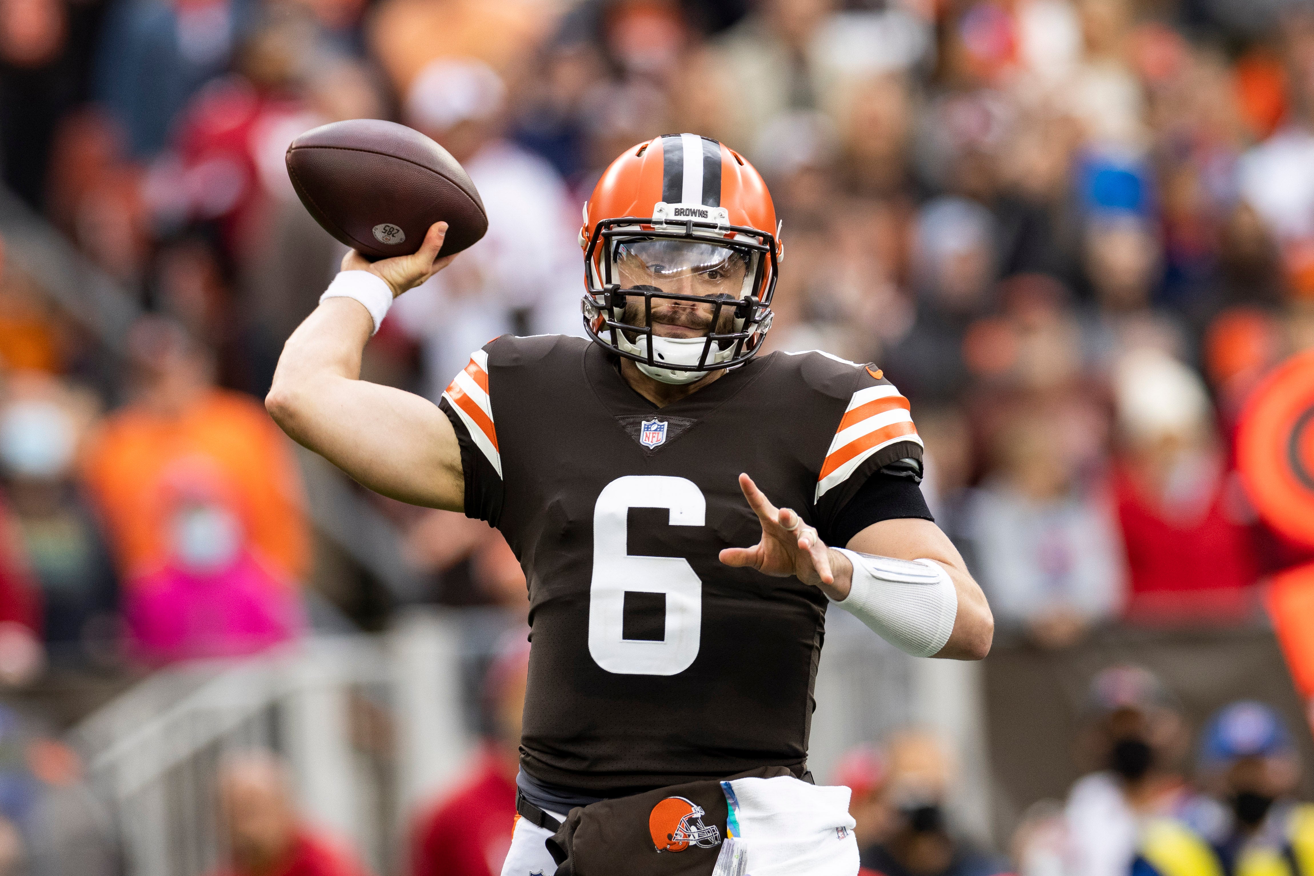 Oct 17, 2021; Cleveland, Ohio, USA; Cleveland Browns quarterback Baker Mayfield (6) throws the ball against the Arizona Cardinals during the first quarter at FirstEnergy Stadium.