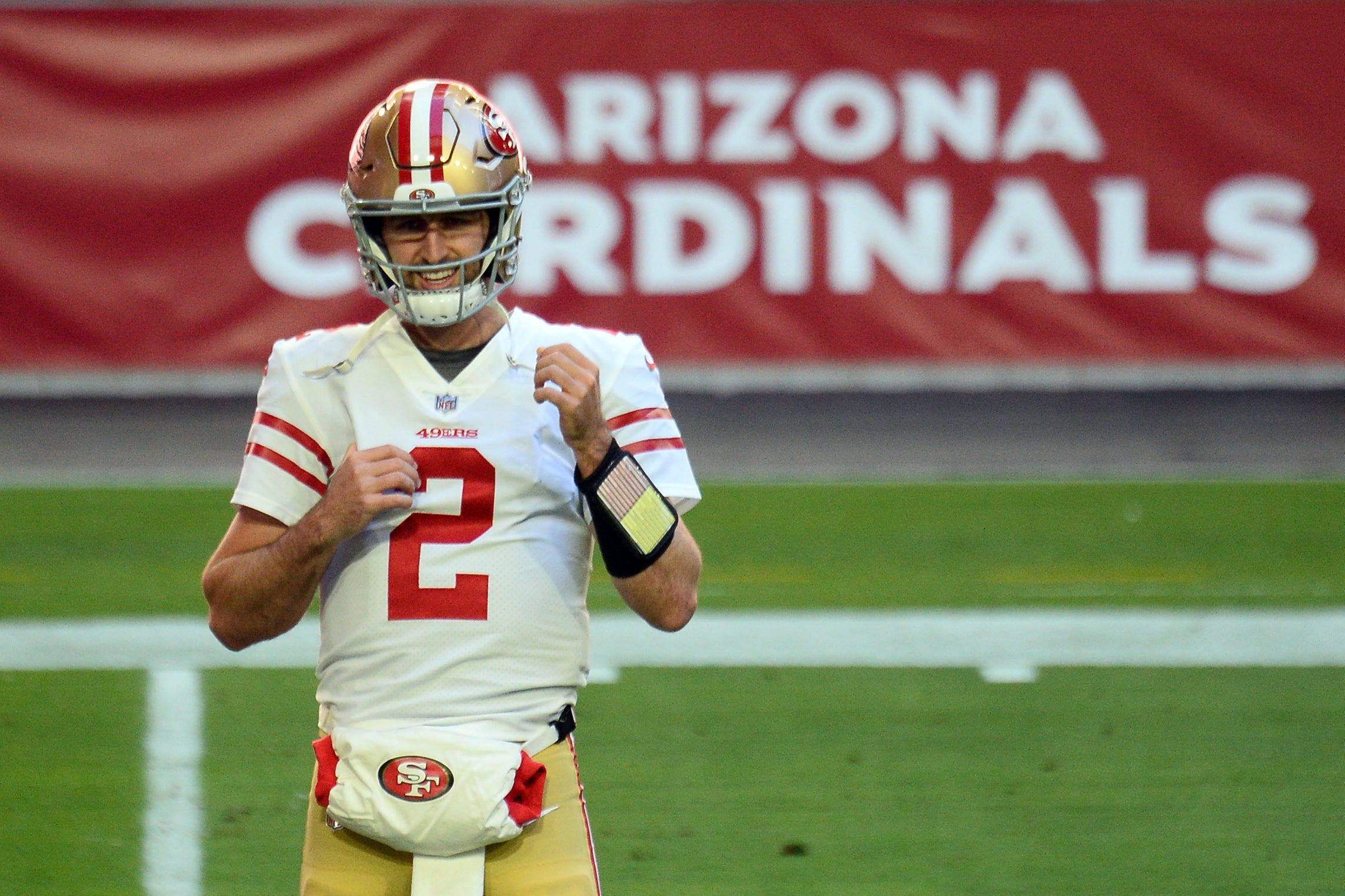 Dec 26, 2020; Glendale, Arizona, USA; San Francisco 49ers quarterback Josh Rosen (2) warms up prior to facing the Arizona Cardinals at State Farm Stadium.