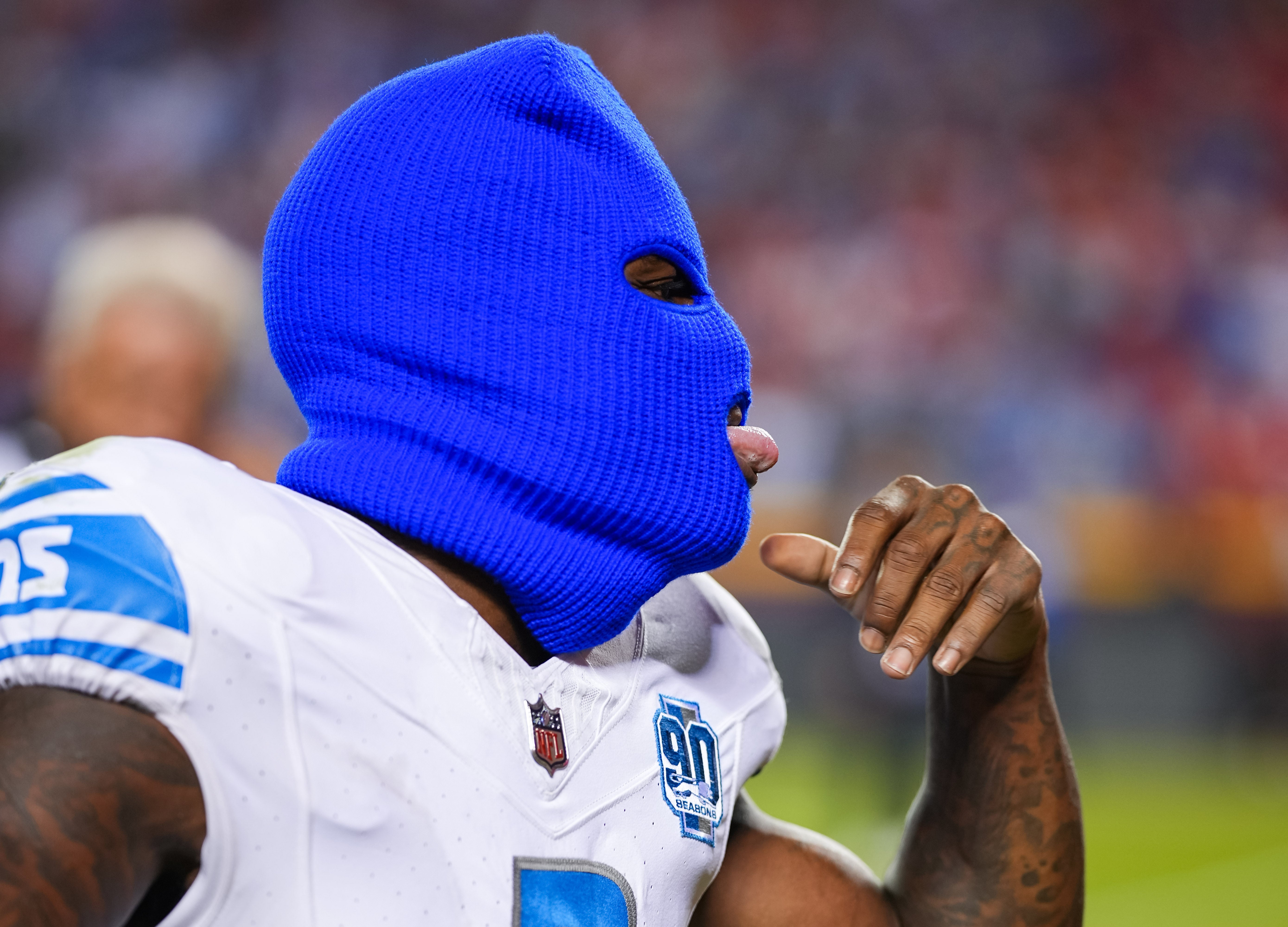 Sep 7, 2023; Kansas City, Missouri, USA; Detroit Lions safety C.J. Gardner-Johnson (2) interacts with fans after defeating the Kansas City Chiefs at GEHA Field at Arrowhead Stadium. Jay Biggerstaff-USA TODAY Sports