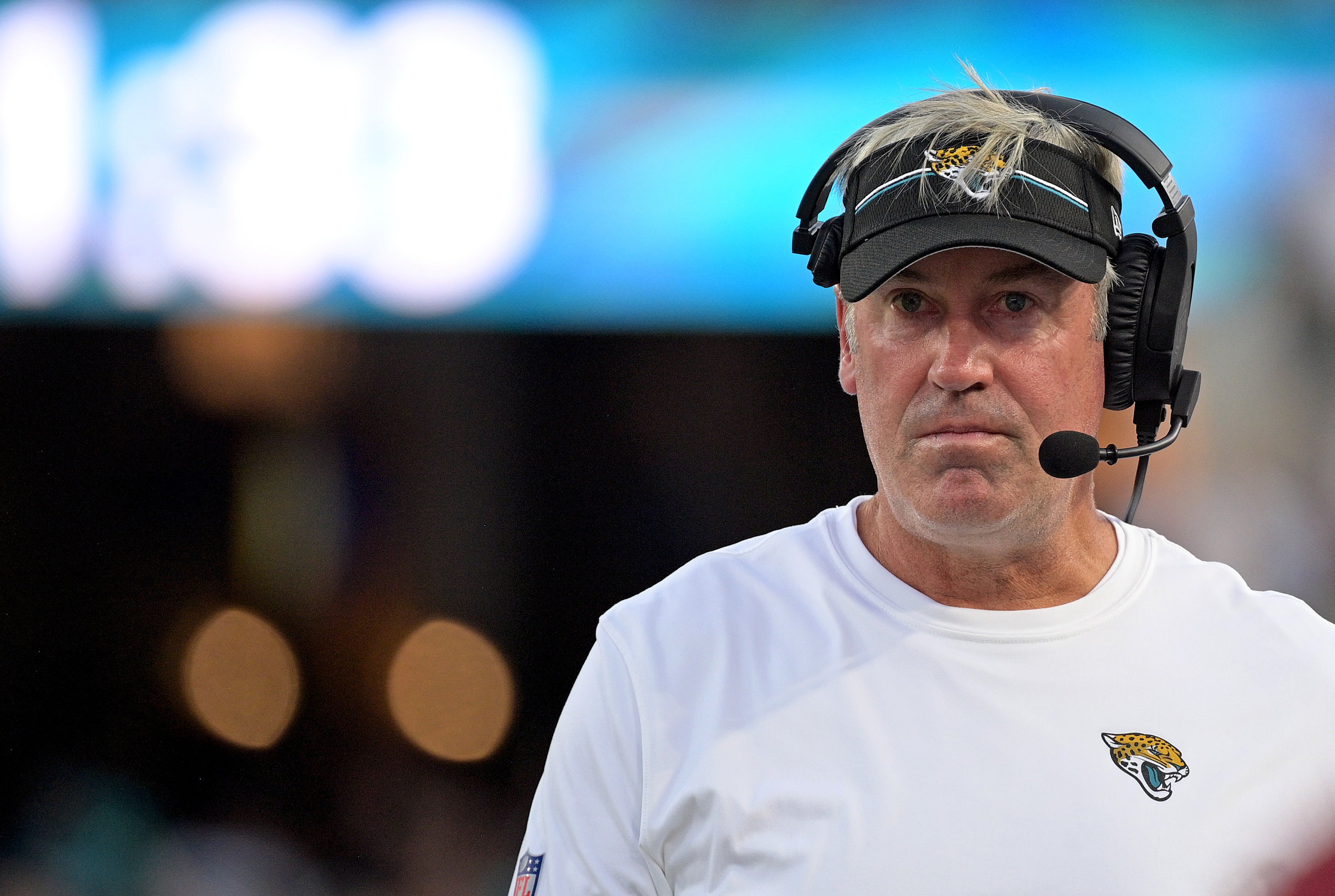 Aug 26, 2023; Jacksonville, Florida, USA; Jacksonville Jaguars head coach Doug Pederson during the first half against the Miami Dolphins at EverBank Stadium.