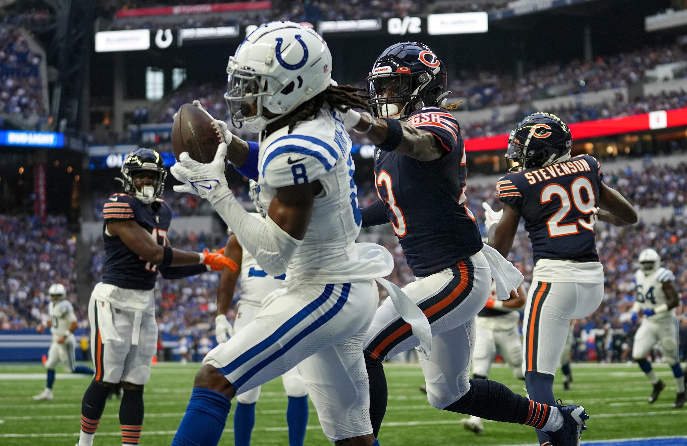 Indianapolis Colts wide receiver Juwann Winfree (8) receives the ball to score a touchdown during the first half of an NFL preseason game Saturday, Aug. 19, 2023, at Lucas Oil Stadium in Indianapolis.