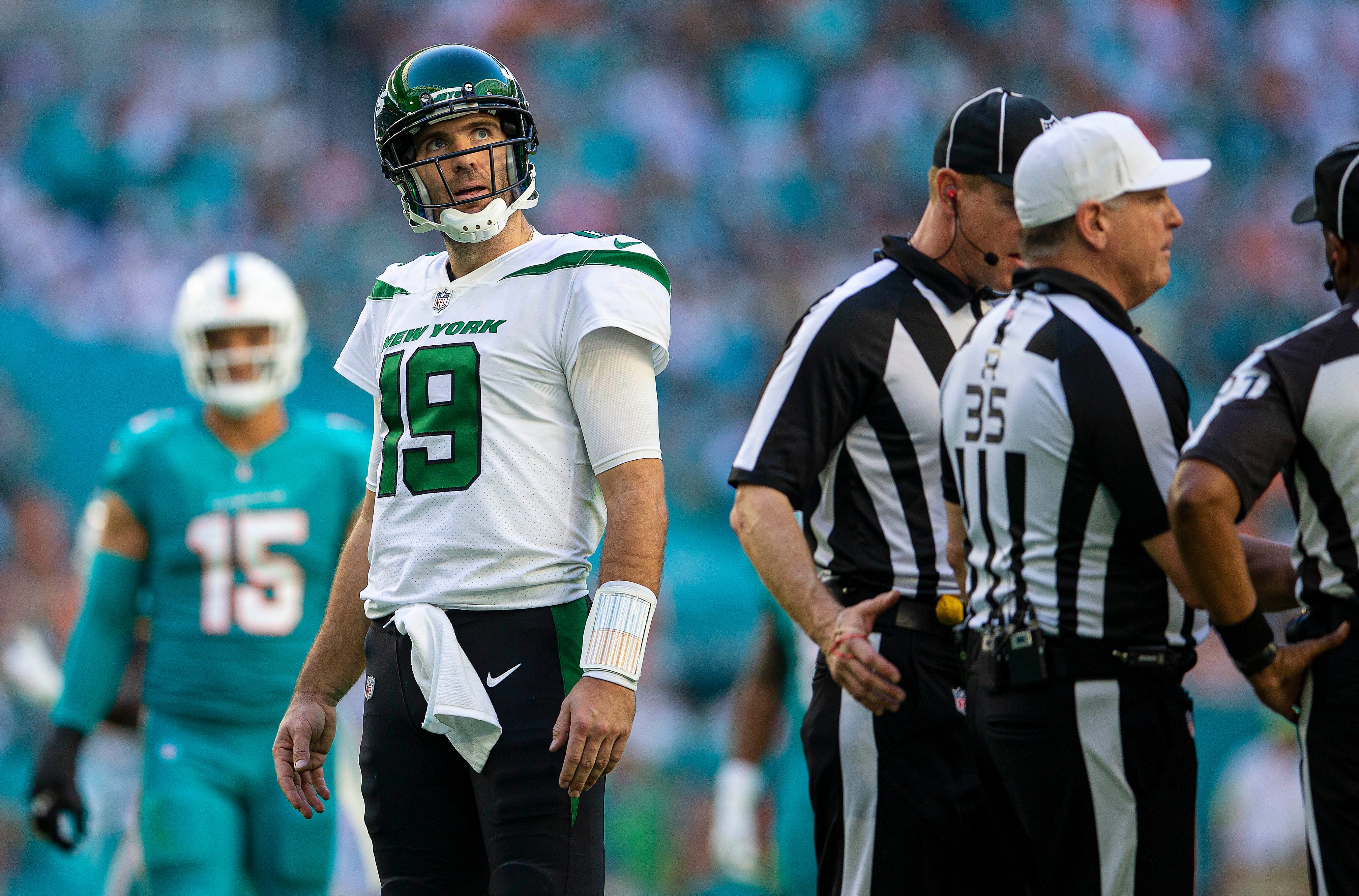 New York Jets quarterback Joe Flacco against Miami Dolphins during NFL action Sunday January 08, 2023 at Hard Rock Stadium in Miami Gardens.