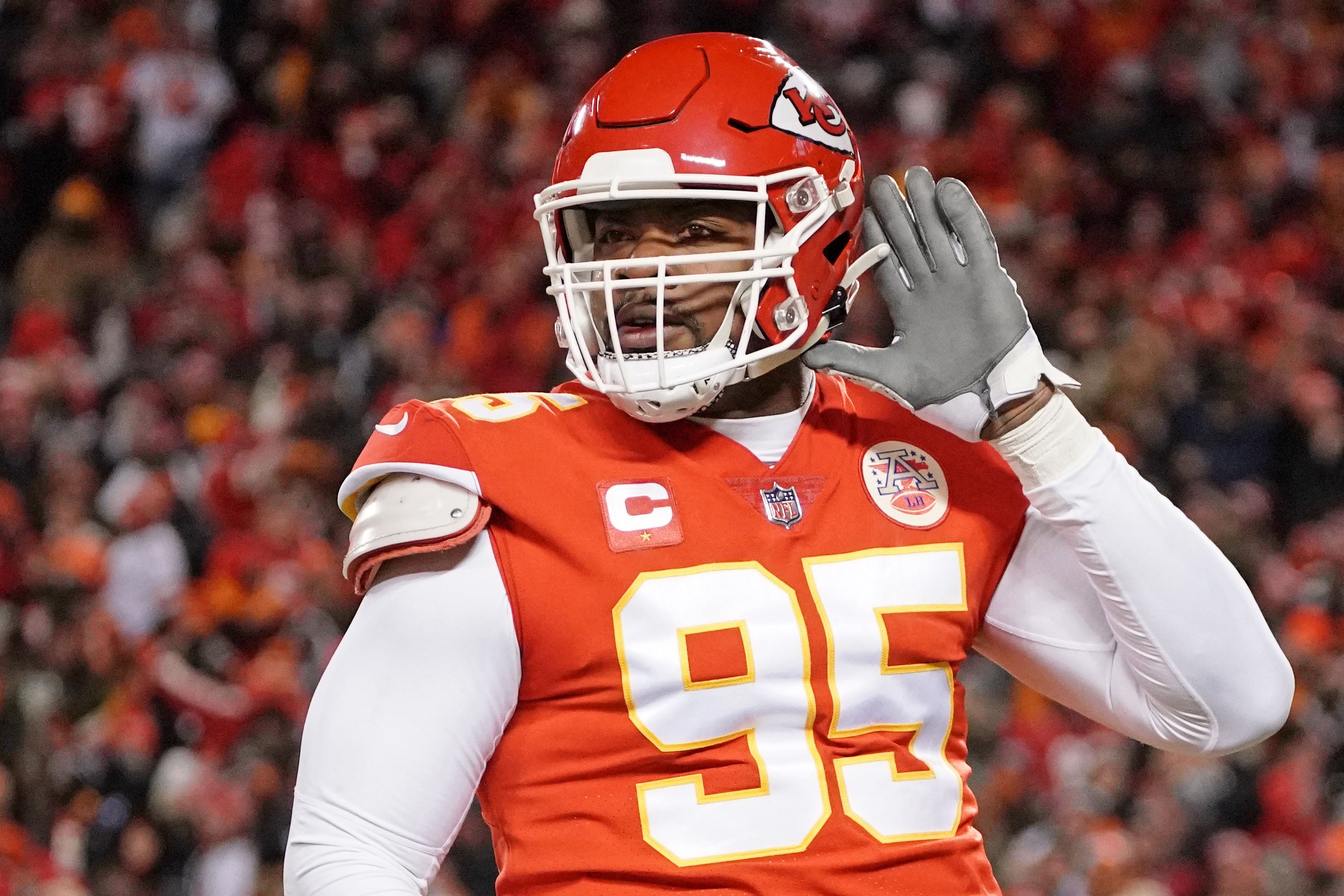 Jan 29, 2023; Kansas City, Missouri, USA; Kansas City Chiefs defensive tackle Chris Jones (95) celebrates after a sack against the Cincinnati Bengals during the first quarter of the AFC Championship game at GEHA Field at Arrowhead Stadium.