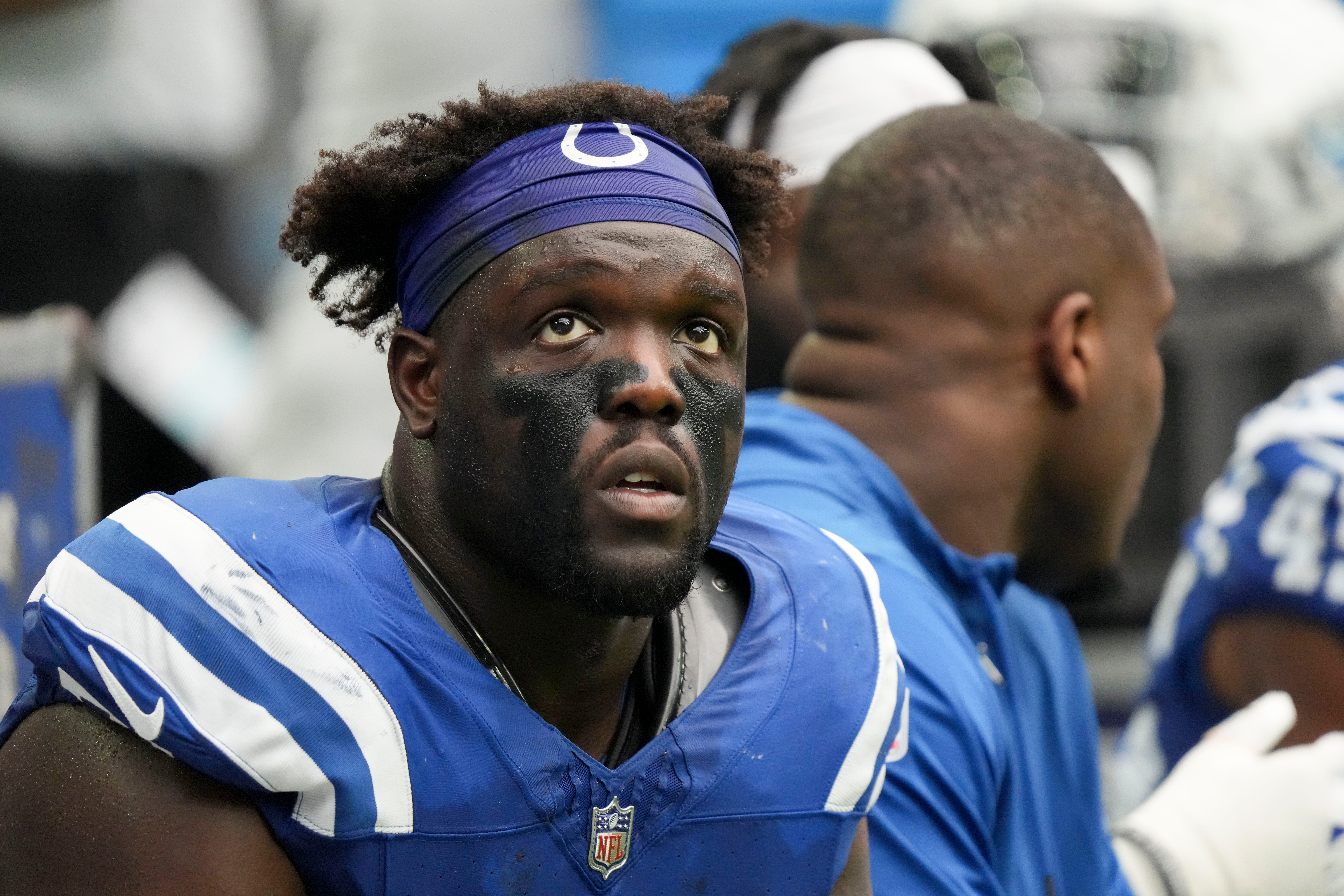 Indianapolis Colts defensive end Kwity Paye (51) sits on the bench Sunday, Sept. 17, 2023, during a game against the Houston Texans at NRG Stadium in Houston