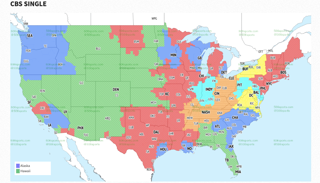 TV Map for CBS Single Game Early Window via 506Sports.