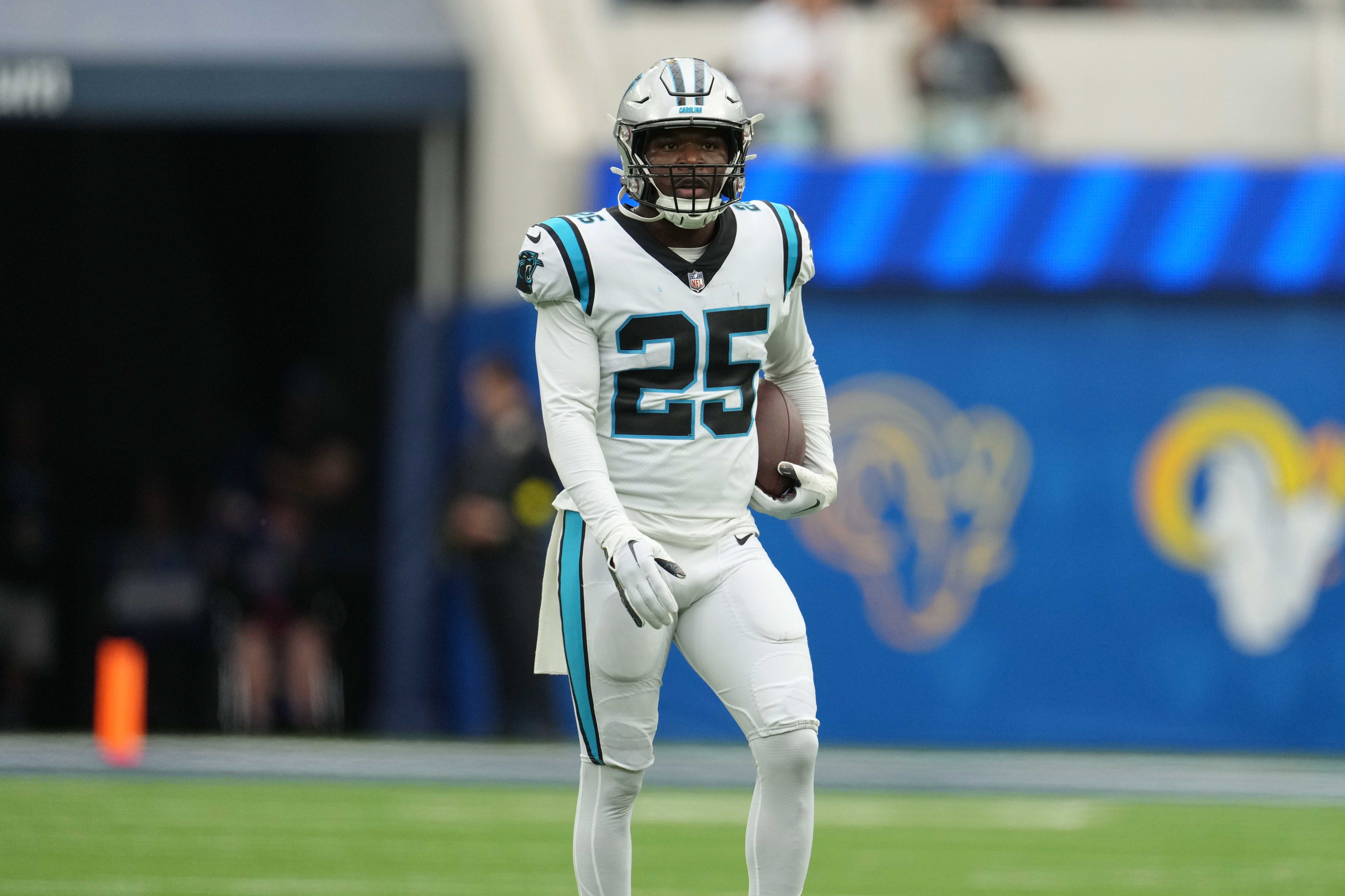 Oct 16, 2022; Inglewood, California, USA; Carolina Panthers safety Xavier Woods (25) during the game against the Los Angeles Rams at SoFi Stadium. Mandatory Credit: Kirby Lee-USA TODAY Sports