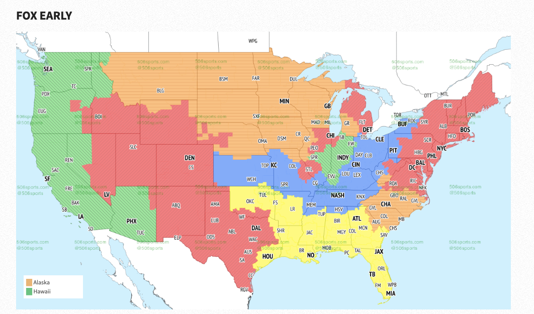 Fox Early window broadcast map showing the regions the games will be aired in.