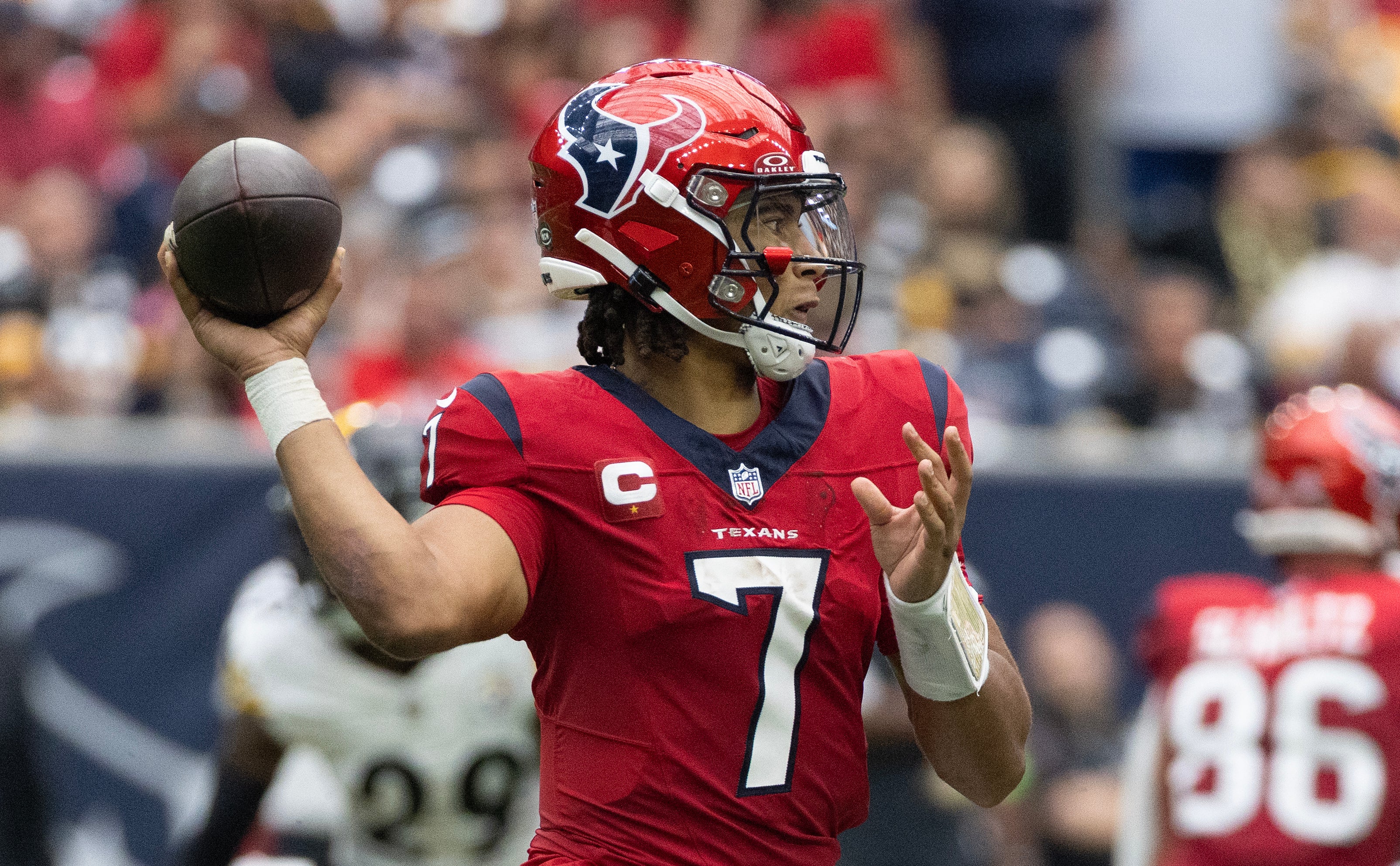 Oct 1, 2023; Houston, Texas, USA; Houston Texans quarterback C.J. Stroud (7) drops back to pass against the Pittsburgh Steelers in the second quarter at NRG Stadium.