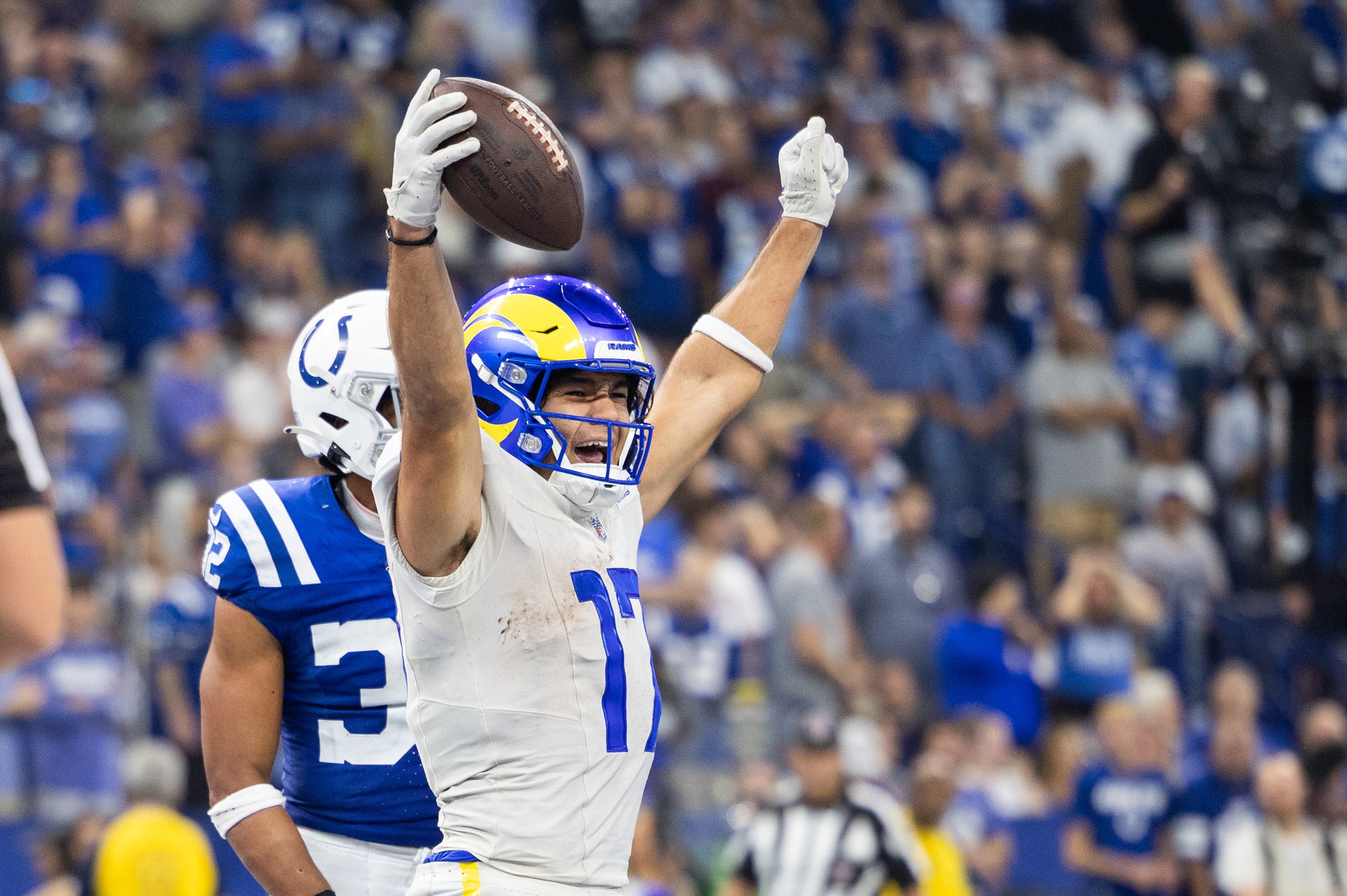 Oct 1, 2023; Indianapolis, Indiana, USA; Los Angeles Rams wide receiver Puka Nacua (17) celebrates his game-winning touchdown in the overtime against the Indianapolis Colts at Lucas Oil Stadium.
