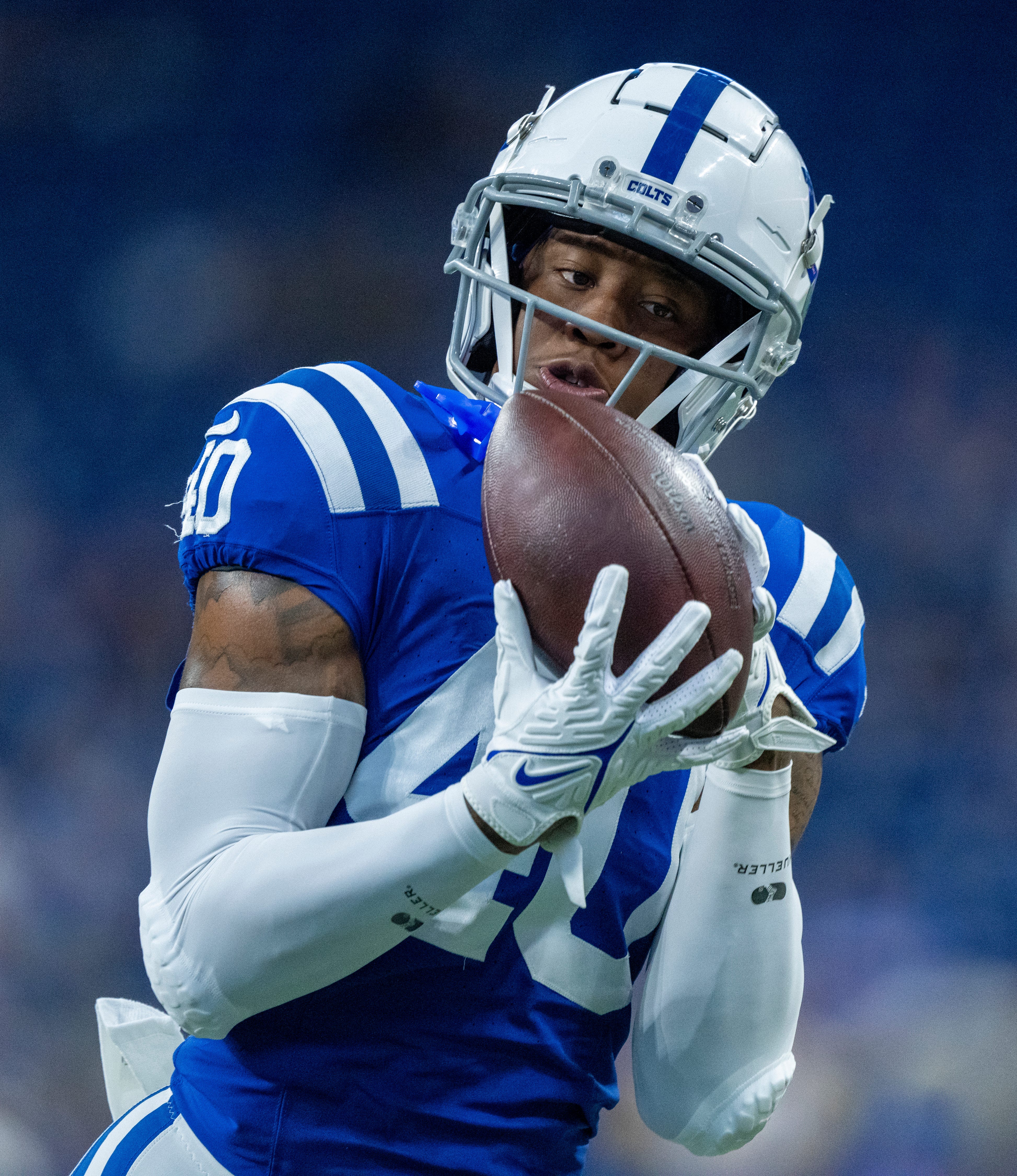 Indianapolis Colts cornerback Jaylon Jones (40) catches a pass before facing the Los Angeles Rams on Sunday, Oct. 1, 2023, in Indianapolis.