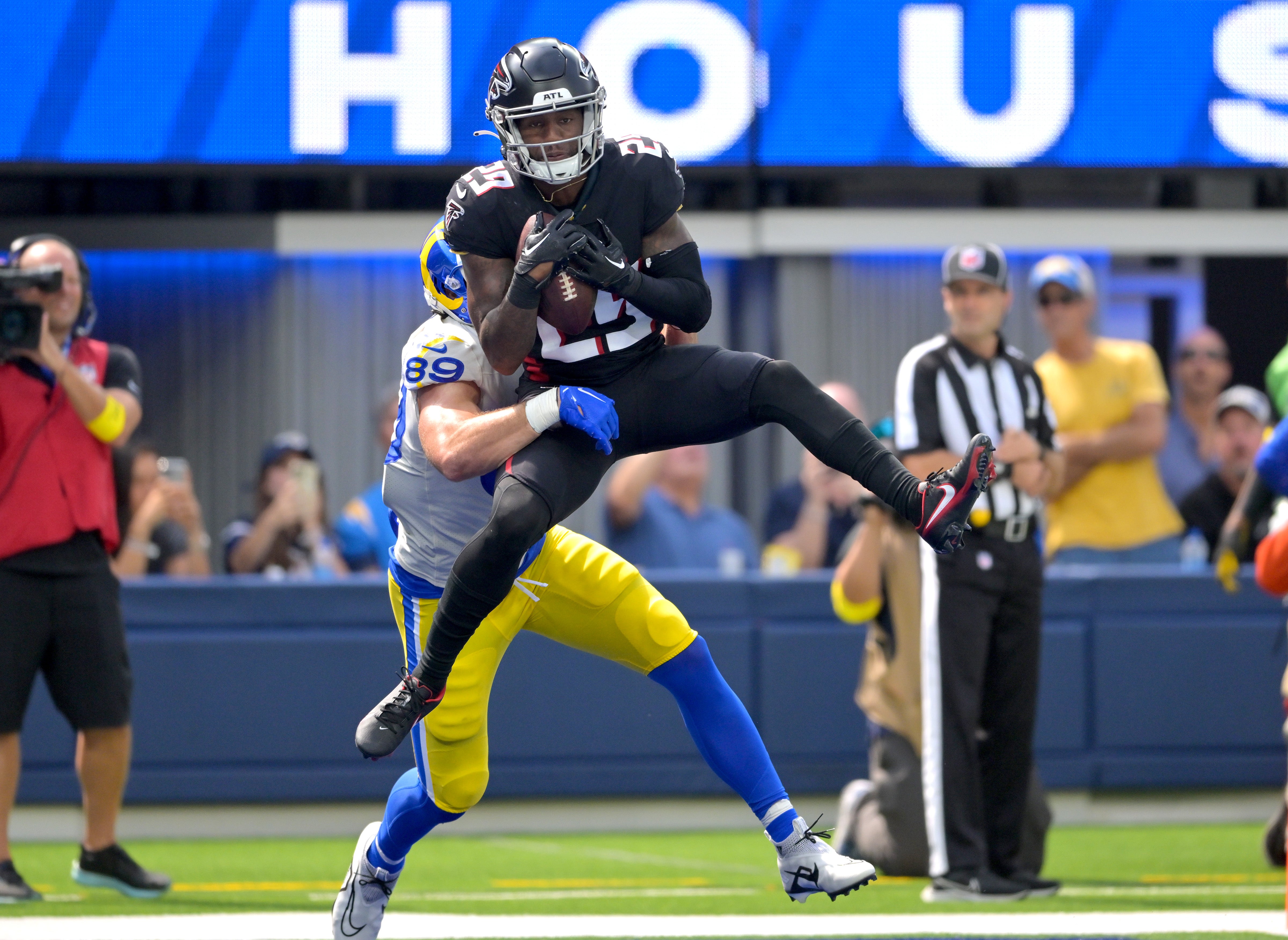 Sep 18, 2022; Inglewood, California, USA; Atlanta Falcons cornerback Casey Hayward (29) intercepts a pass in the end zone intended for Los Angeles Rams tight end Tyler Higbee (89) in the second quarter at SoFi Stadium.