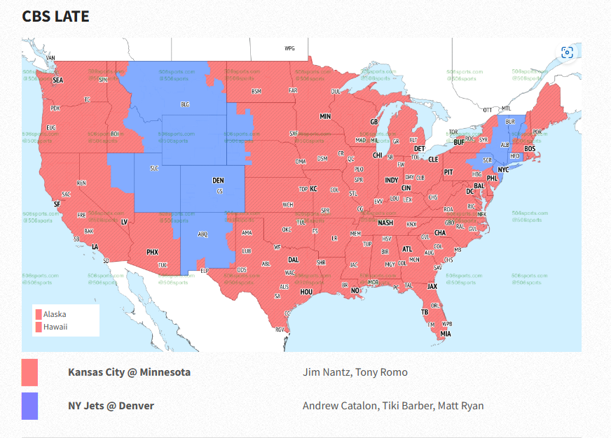 Broncos vs Jets broadcast map