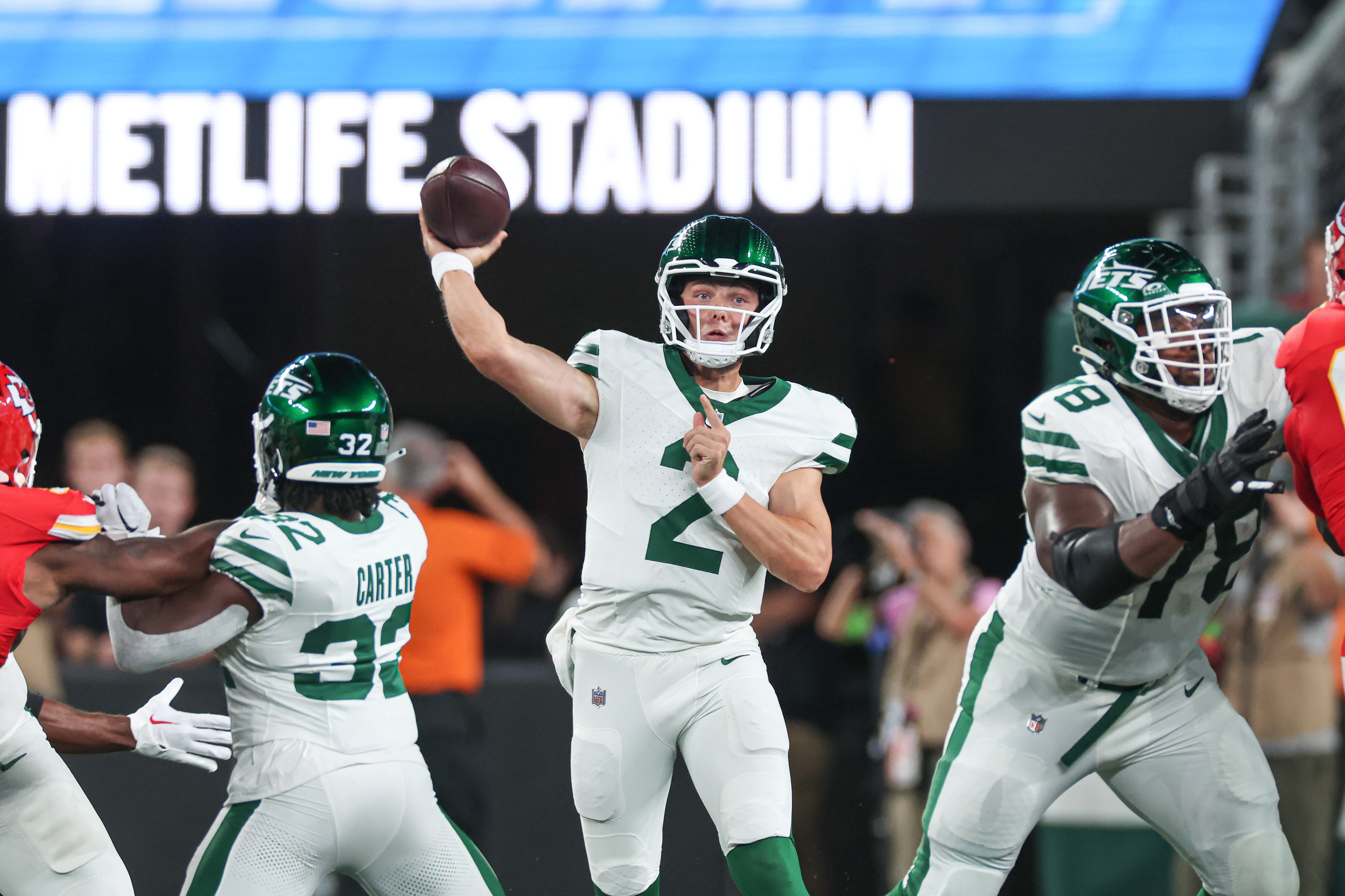 East Rutherford, New Jersey, USA; New York Jets quarterback Zach Wilson (2) throws the ball during the first half against the Kansas City Chiefs at MetLife Stadium. Mandatory Credit: Vincent Carchietta-USA TODAY Sports