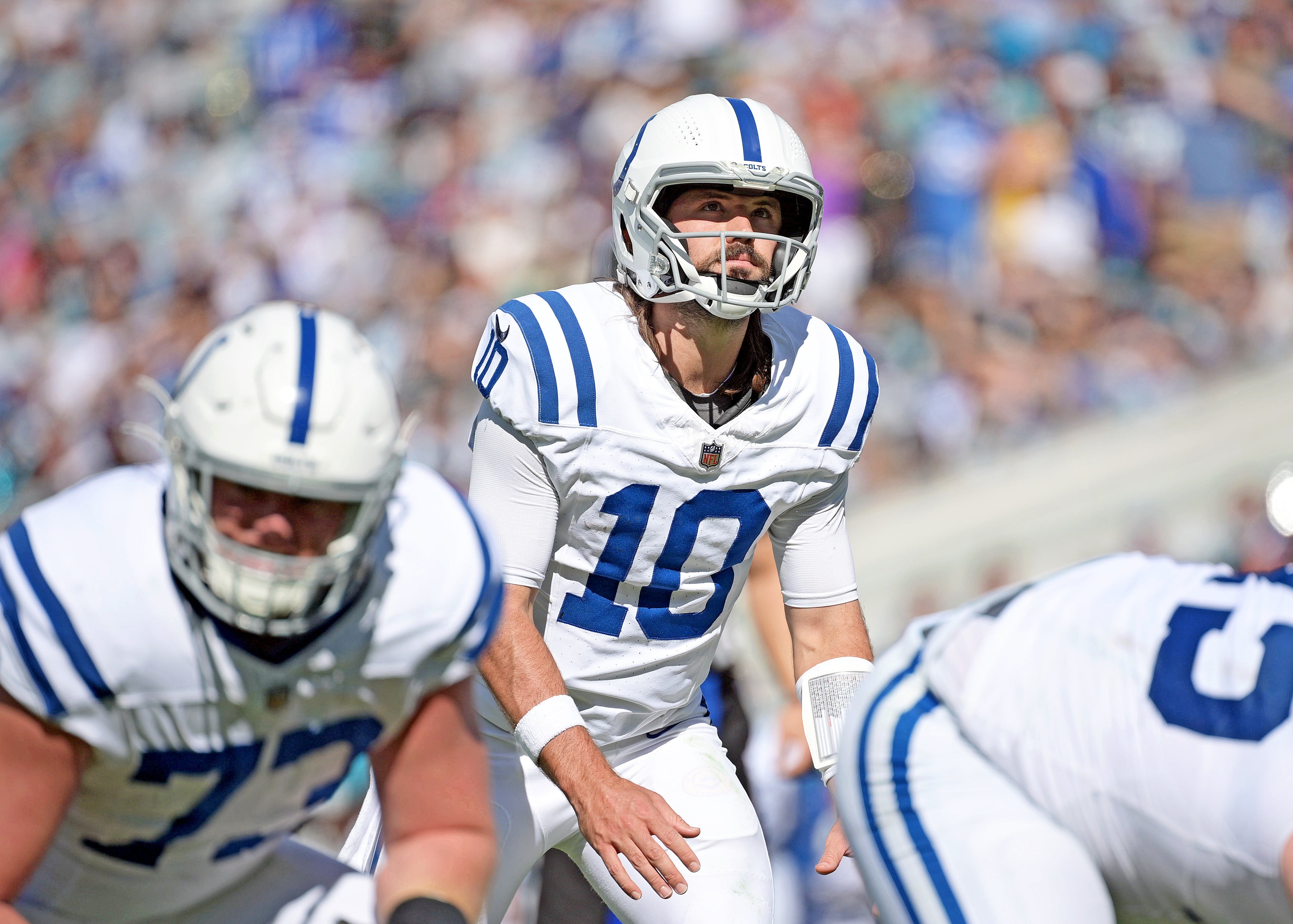 Oct 15, 2023; Jacksonville, Florida, USA; Indianapolis Colts quarterback Gardner Minshew (10) looks at the play clock before the snap against the Jacksonville Jaguars in the second half at EverBank Stadium.