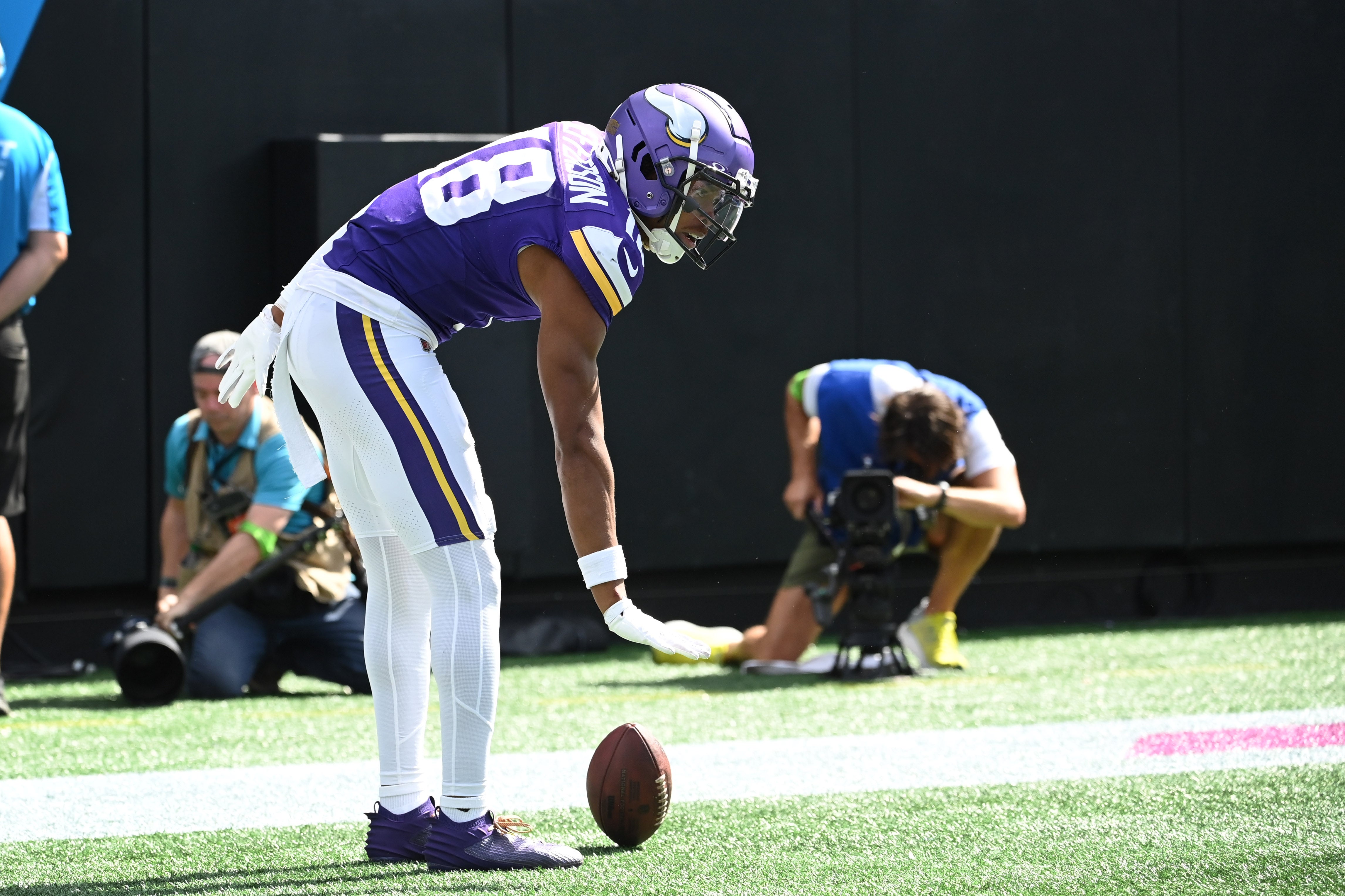 Minnesota Vikings wide receiver Justin Jefferson (18) reacts after scoring a touchdown in the third quarter at Bank of America Stadium. Mandatory Credit: Bob Donnan-USA TODAY Sports