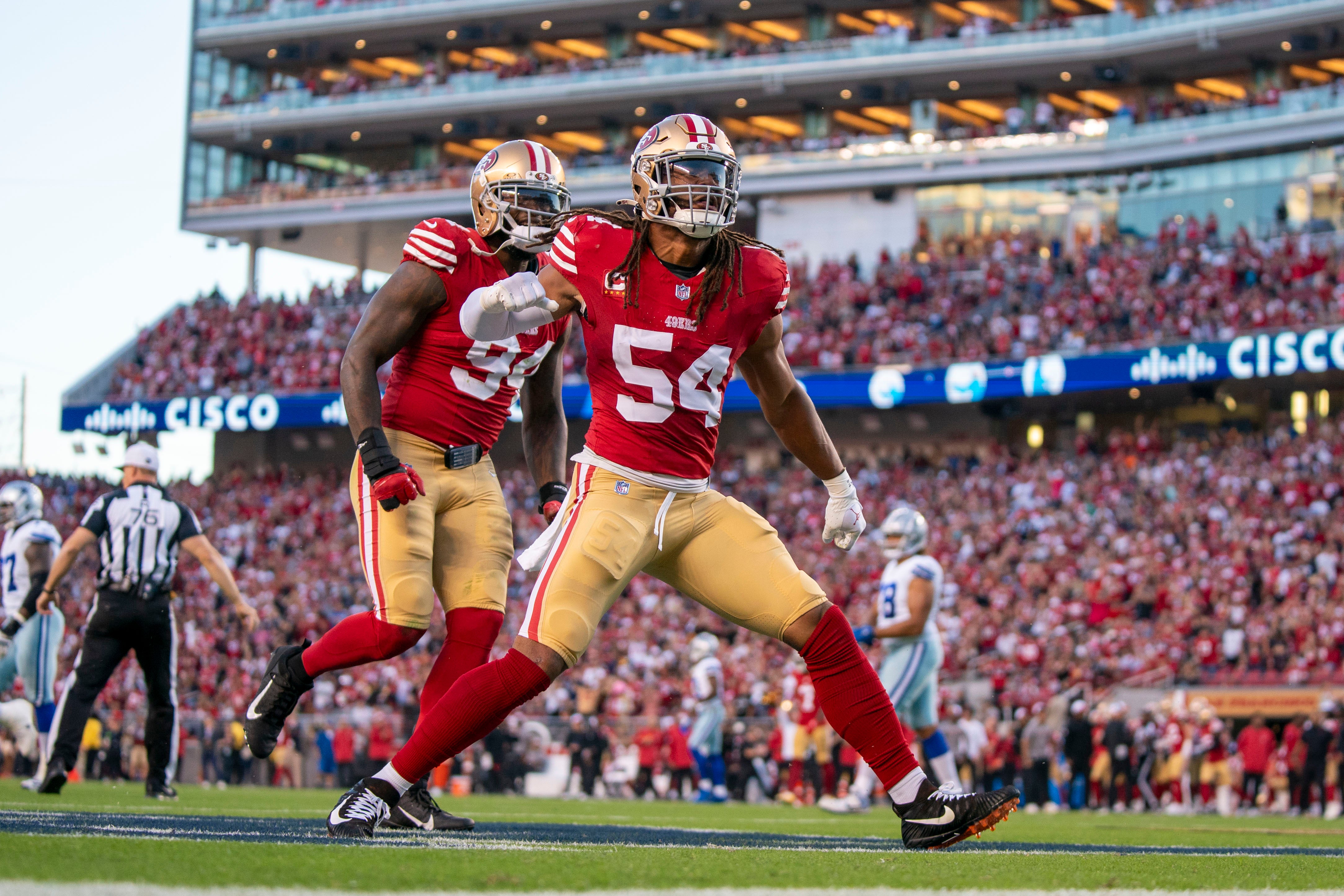 San Francisco 49ers linebacker Fred Warner (54) celebrates after sacking Dallas Cowboys quarterback Dak Prescott (4, not pictured) during the second quarter at Levi's Stadium. Mandatory Credit: Kyle Terada-USA TODAY Sports