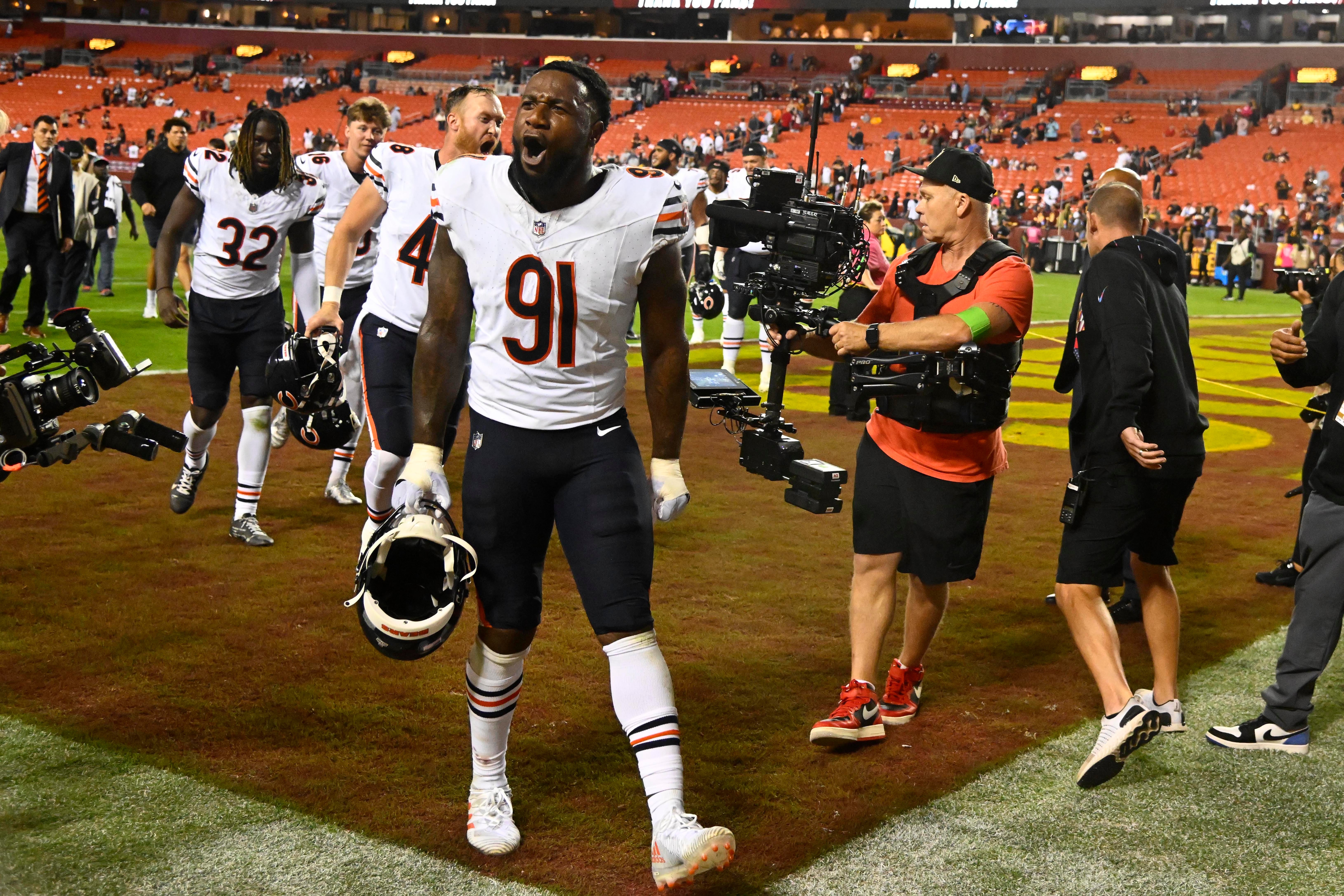 Oct 5, 2023; Landover, Maryland, USA; Chicago Bears defensive end Yannick Ngakoue (91) reacts after the game against the Washington Commanders at FedExField.