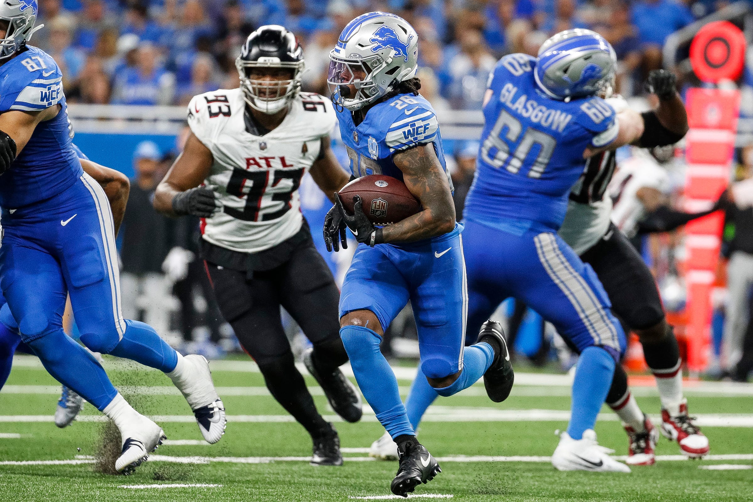 Detroit Lions running back Jahmyr Gibbs (26) runs against Atlanta Falcons during the second half at Ford Field in Detroit on Sunday, Sept. 24, 2023.