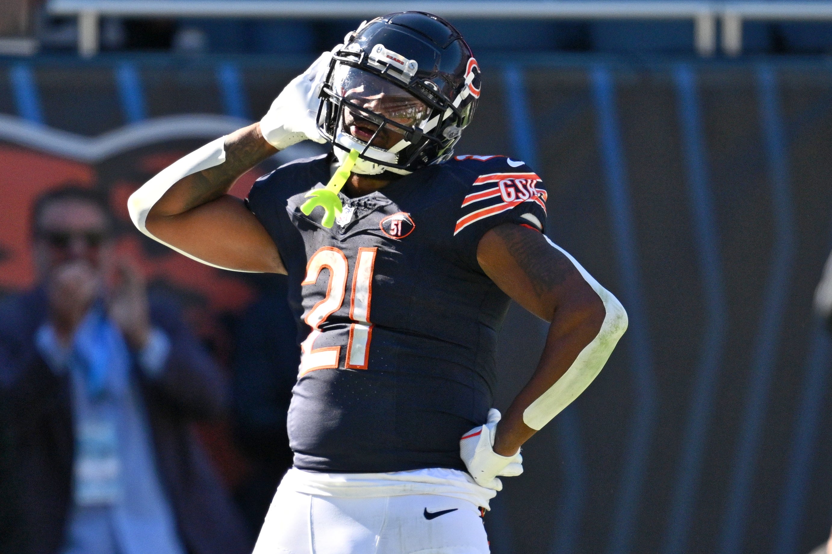 Oct 22, 2023; Chicago, Illinois, USA; Chicago Bears running back D'Onta Foreman (21) celebrates after scoring a touch down in the third quarter against the Las Vegas Raiders at Soldier Field.
