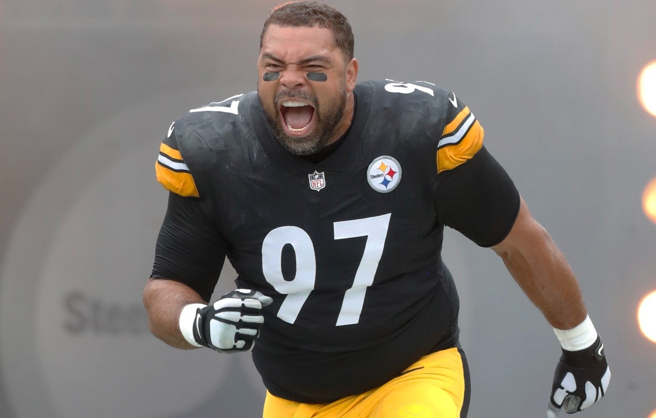 Sep 10, 2023; Pittsburgh, Pennsylvania, USA; Pittsburgh Steelers defensive tackle Cameron Heyward (97) reacts as he takes the field to play the San Francisco 49ers at Acrisure Stadium. Mandatory Credit: Charles LeClaire-USA TODAY Sports
