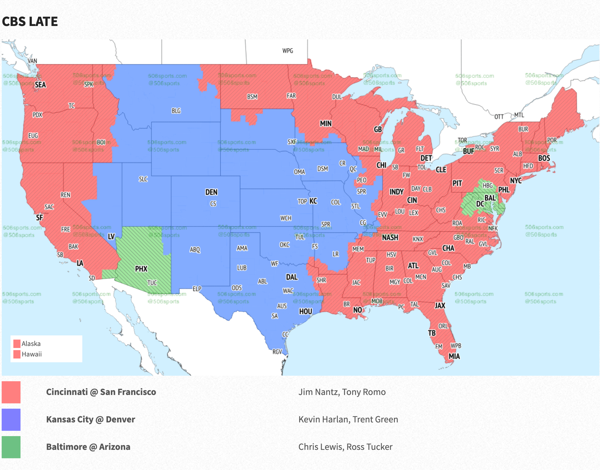 The CBS broadcast map for the late window in Week 8.